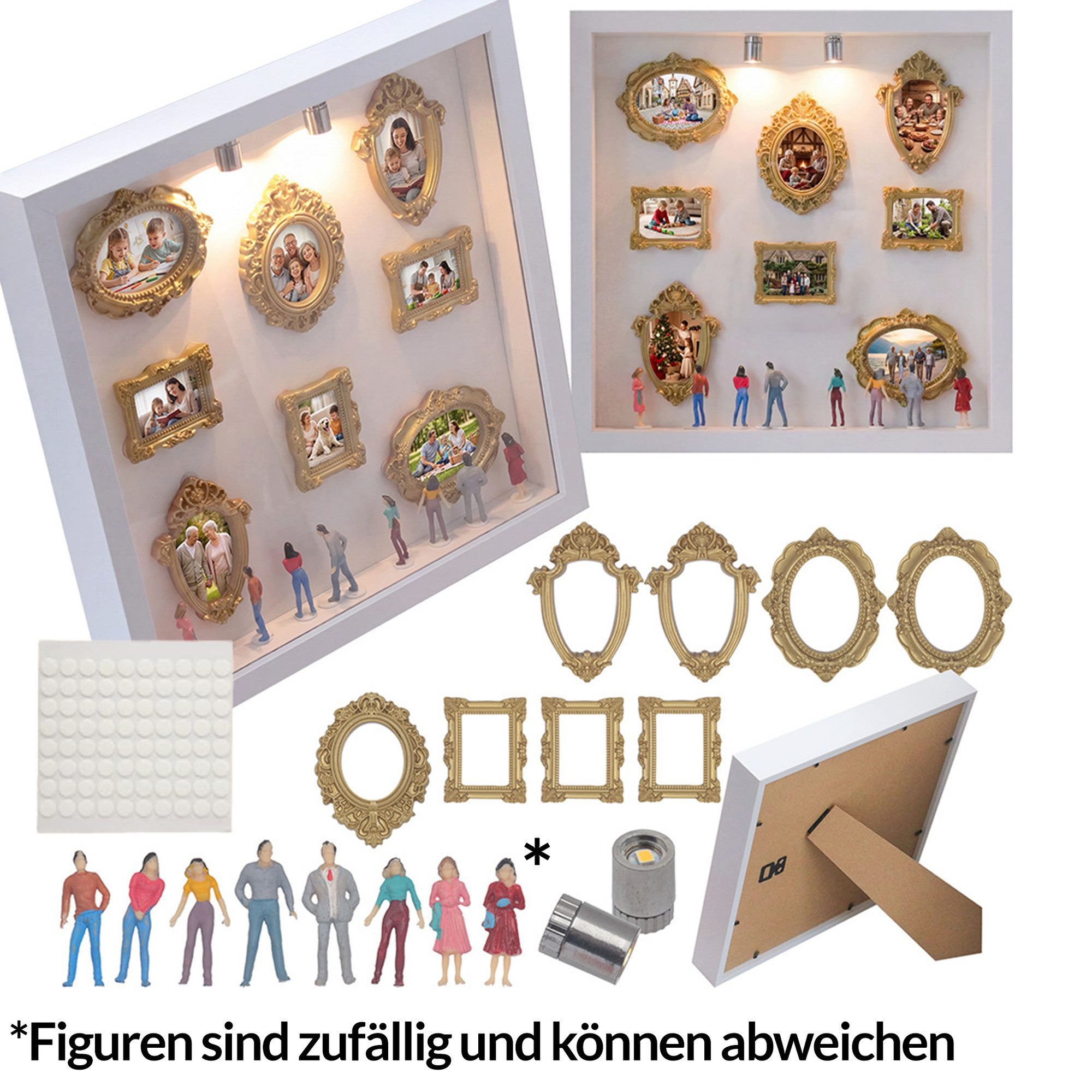Schattenbox-Set mit Goldrahmen, Mini-Figuren, Klebepunkten, LEDs und Musterbildern.