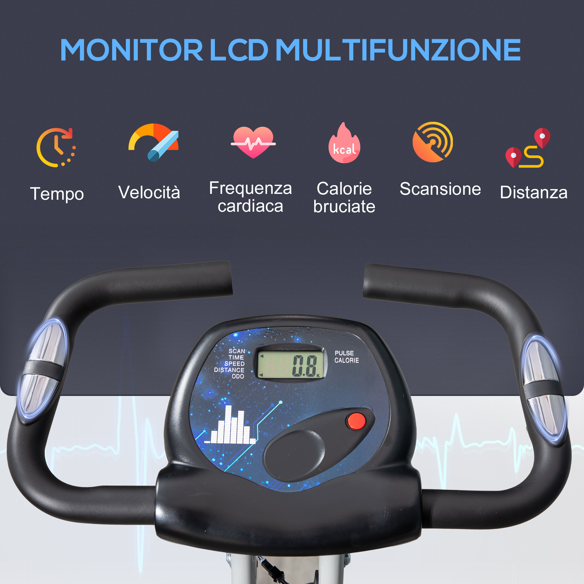 Monitor cyclette con icone per tempo, velocità, frequenza cardiaca, calorie e distanza.