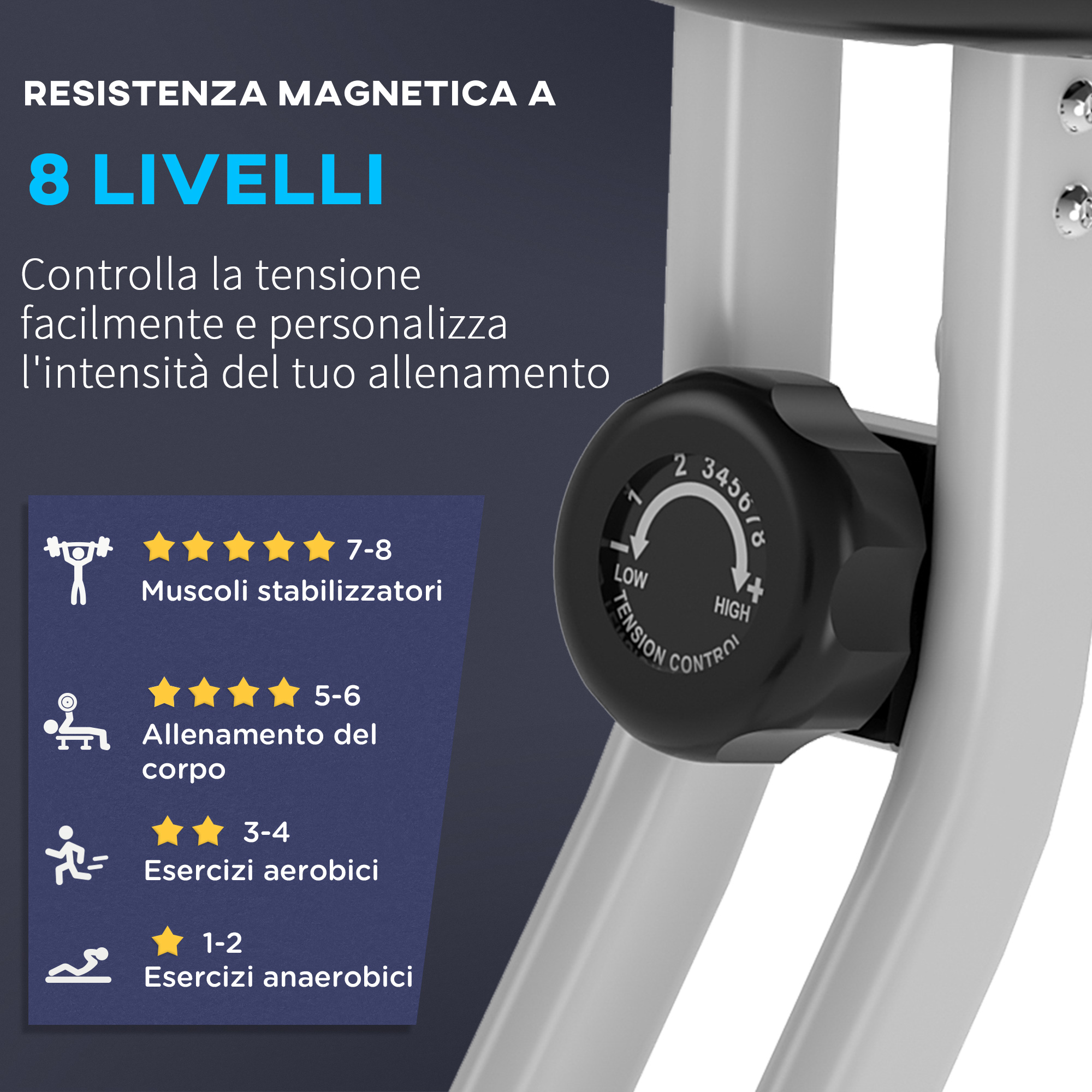 Manopola di controllo della tensione nera a 8 livelli su una cyclette.