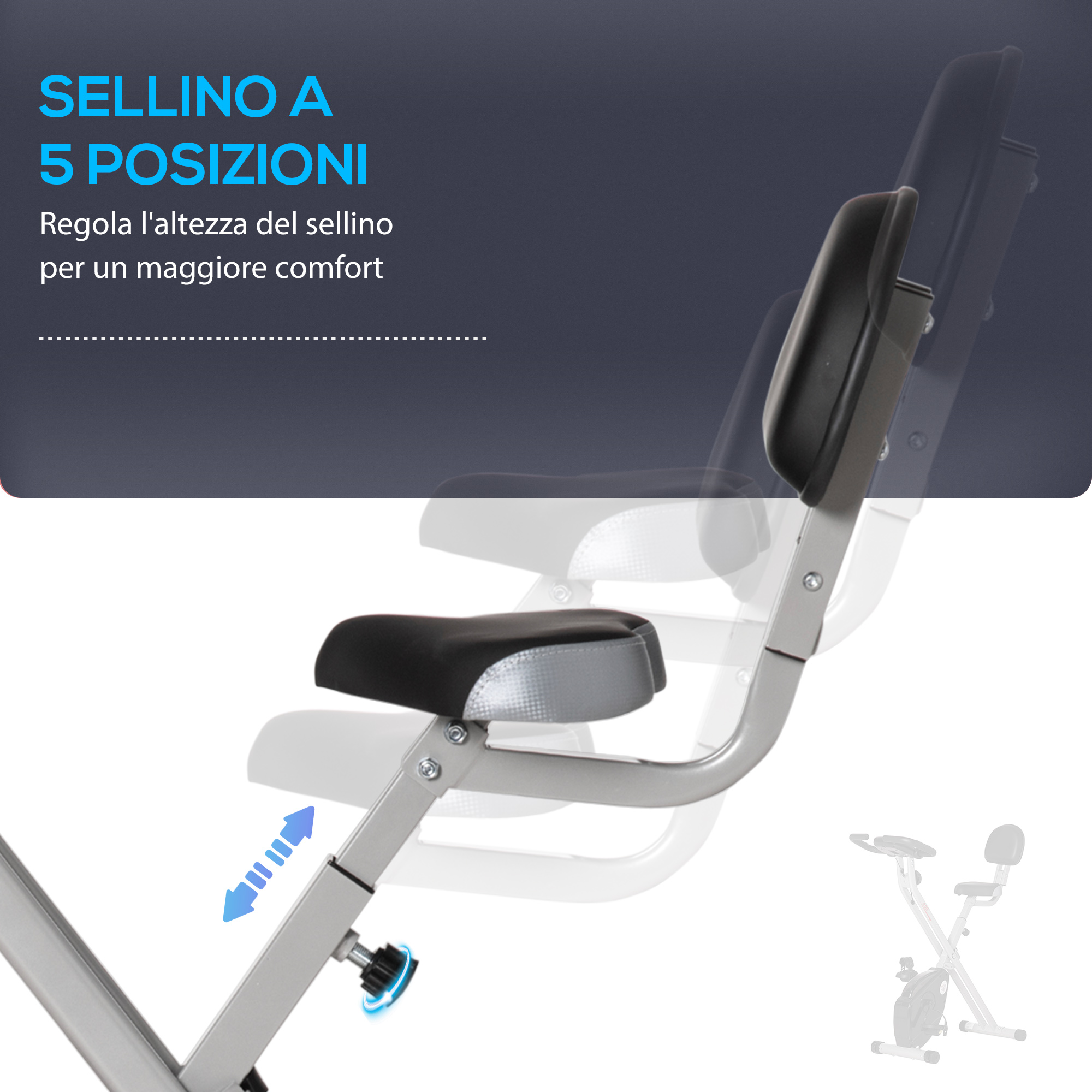 Sella per cyclette con cinque posizioni di altezza.