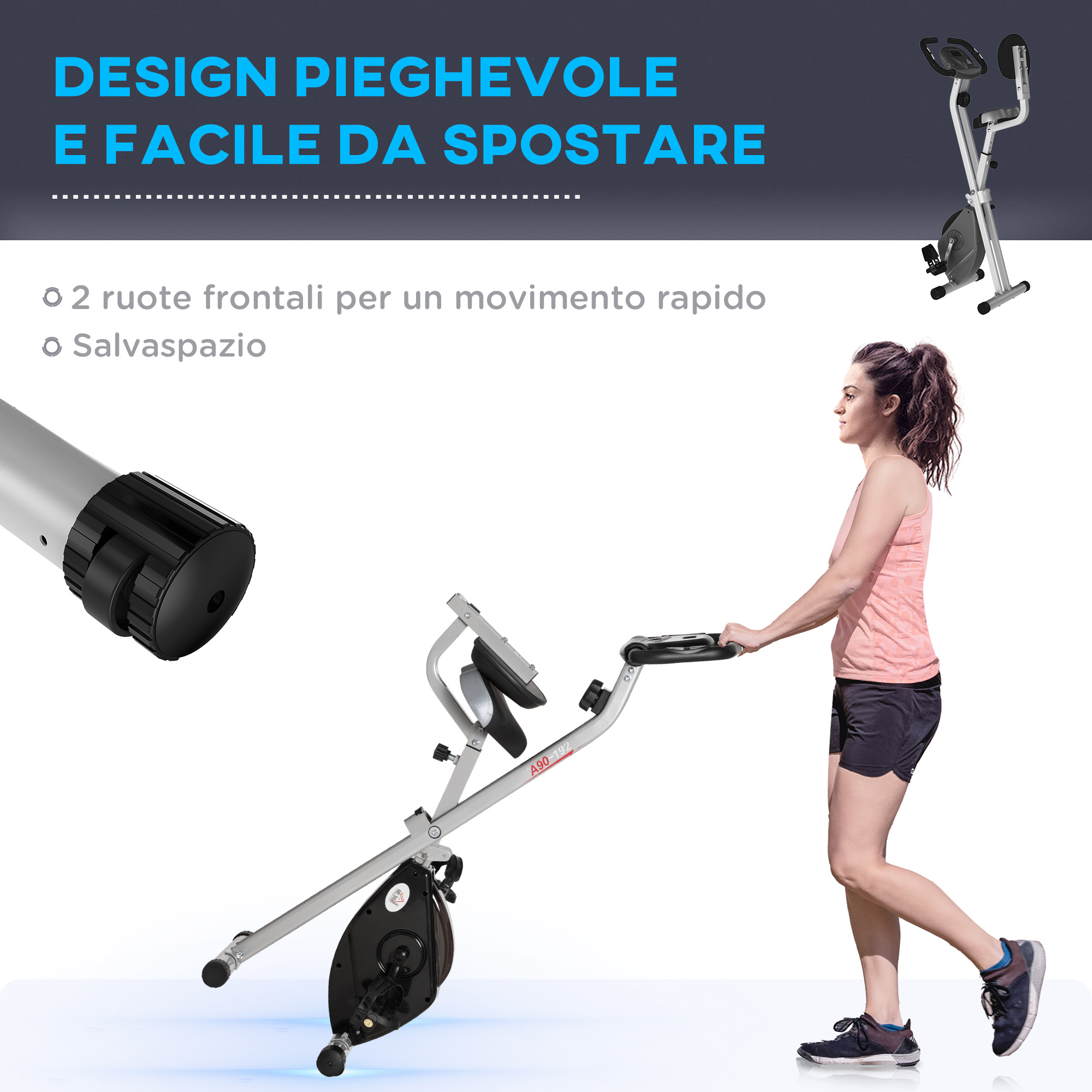 Una donna spinge una cyclette pieghevole su ruote, evidenziata da testo e un dettaglio del meccanismo.