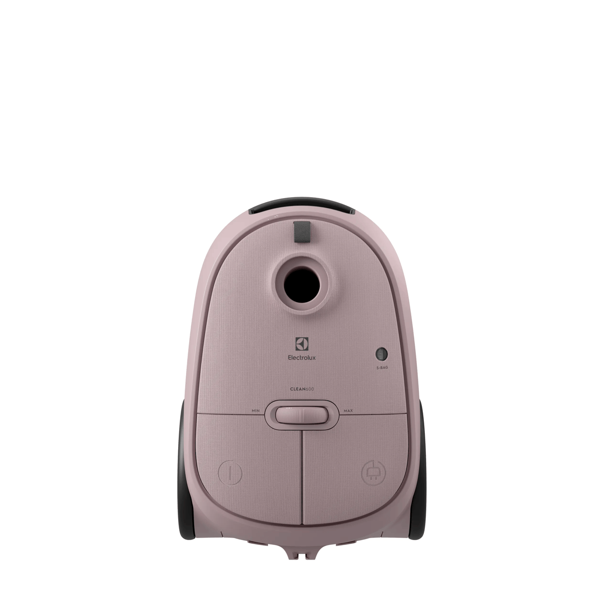 Una aspiradora de color rosa polvoriento con ruedas negras sobre fondo blanco.