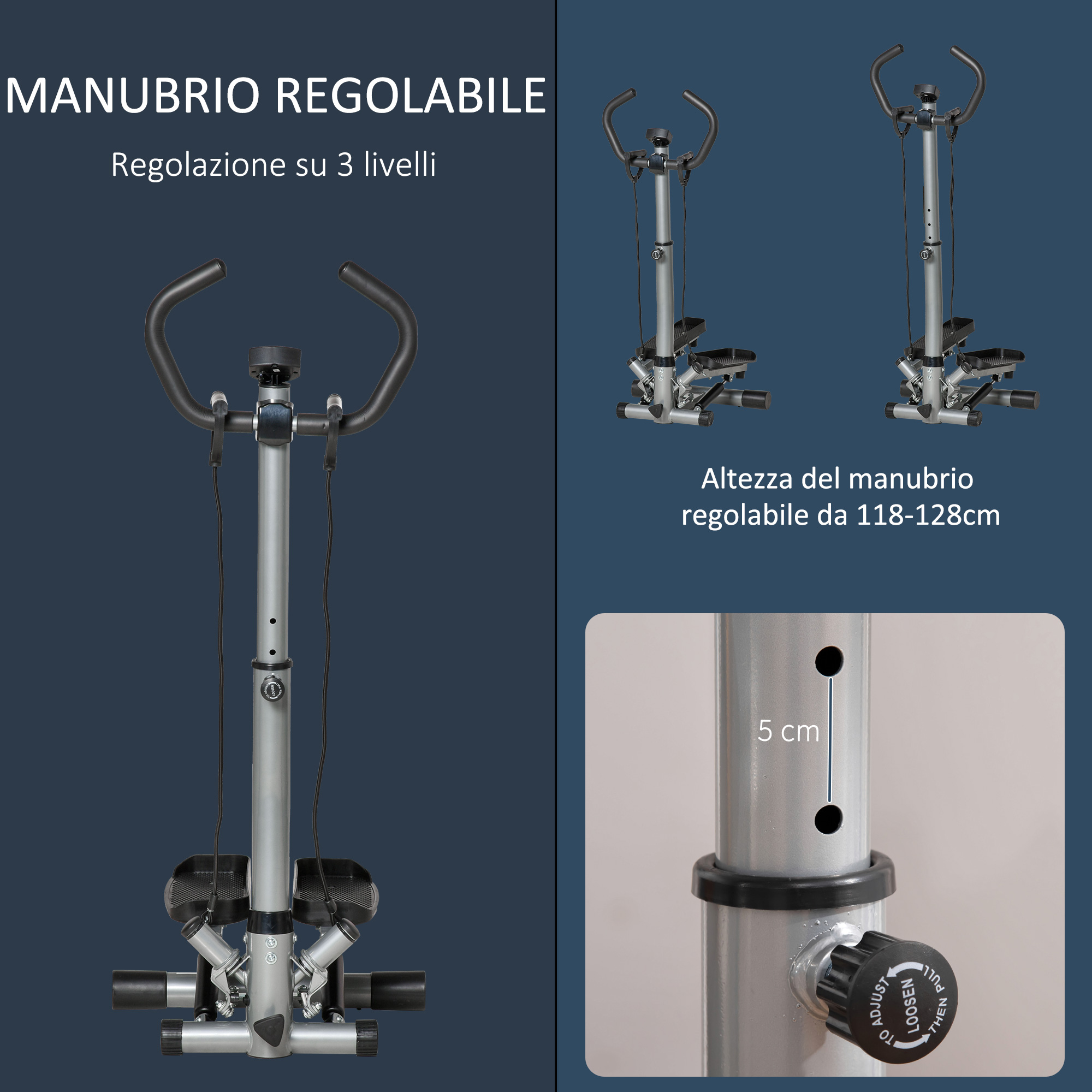 Manubrio regolabile di uno stepper con 3 livelli da 118-128 cm e spaziatura dei fori di 5 cm.