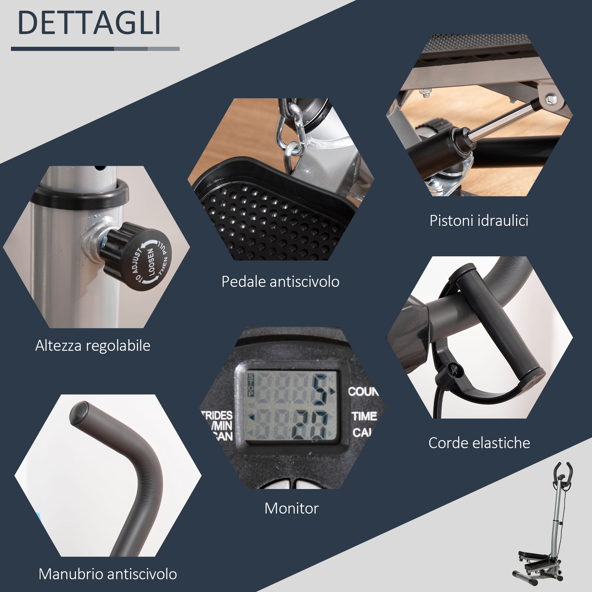 Sei immagini mostrano i dettagli di uno stepper: altezza regolabile, pedale antiscivolo, pistoni idraulici, monitor.