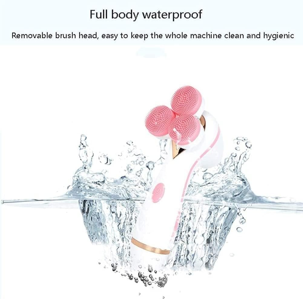 Eine wasserdichte Gesichtsreinigungsbürste mit drei rosa Köpfen, die aus Wasserspritzern auftaucht.