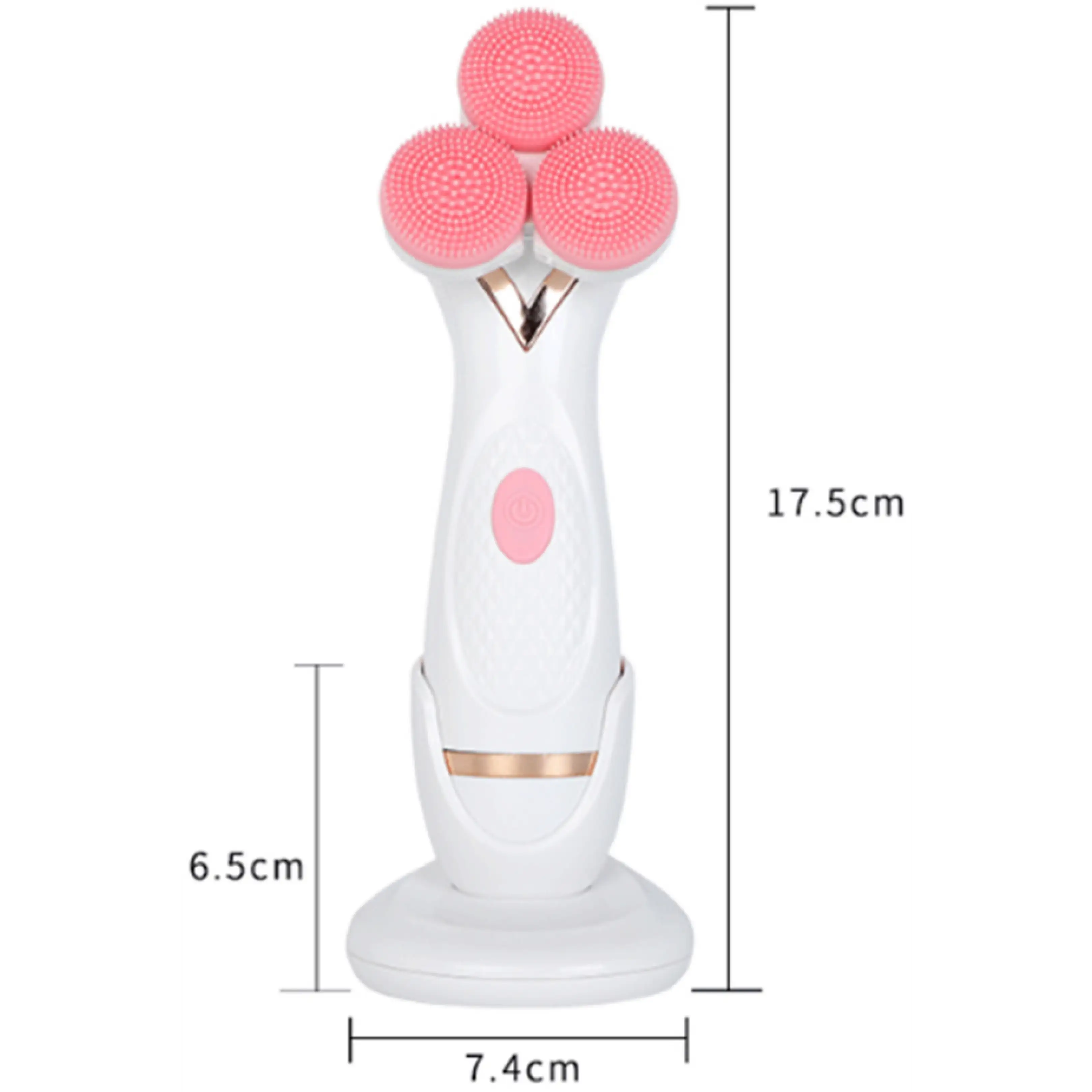 Weißes Gesichtsreinigungsgerät mit drei pinken Silikonköpfen und Maßen von 17.5cm Höhe.