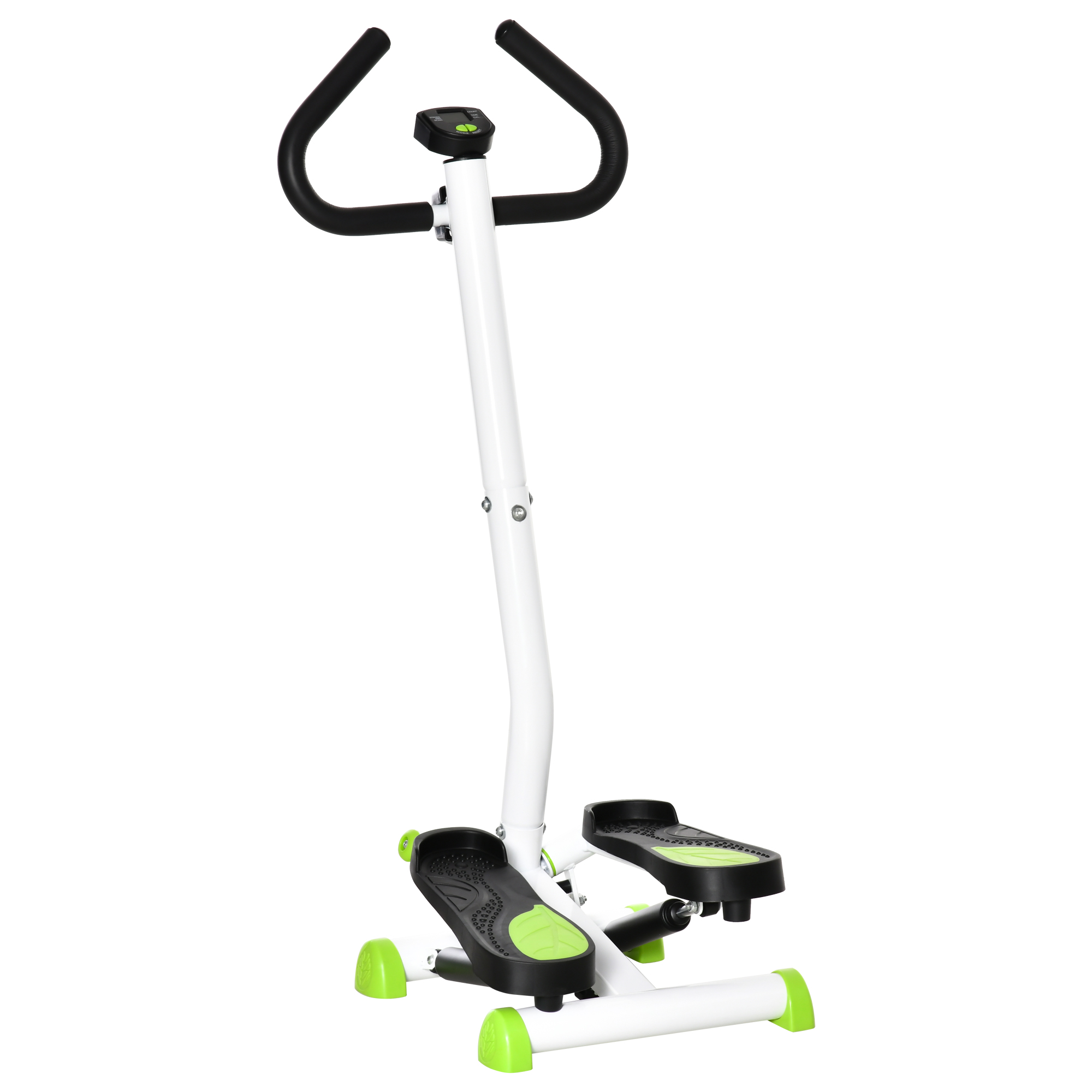 Uno stepper da allenamento bianco con manubrio nero e pedali verdi su sfondo bianco.