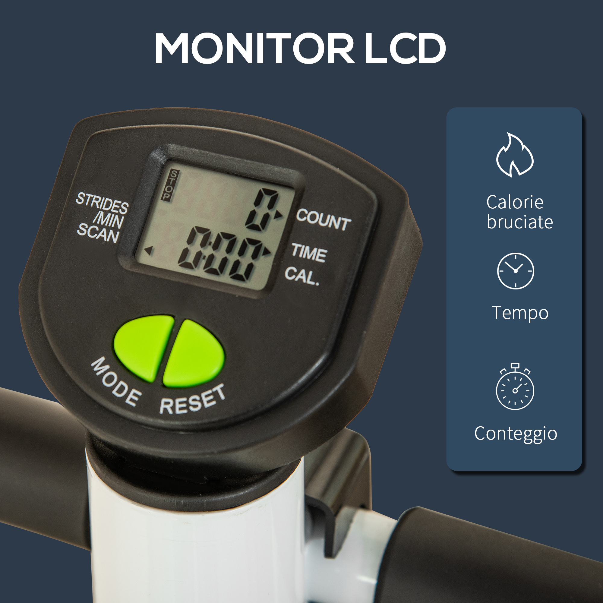 Monitor LCD di attrezzo fitness con display digitale, tasti verdi e infografiche per calorie, tempo e conteggio.