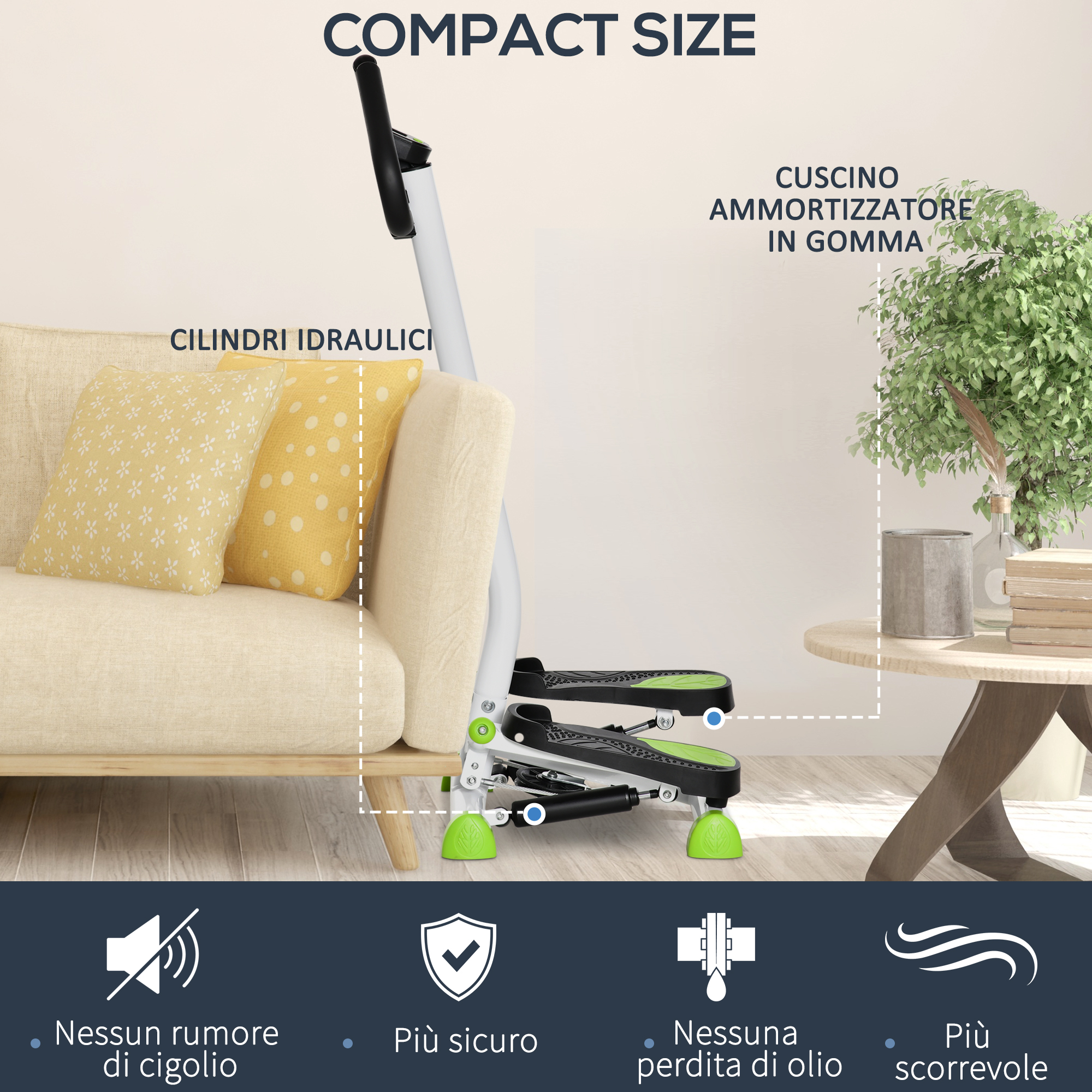 Mini stepper bianco e verde accanto a un divano beige in una stanza moderna, che evidenzia i cilindri idraulici e i cuscinetti.