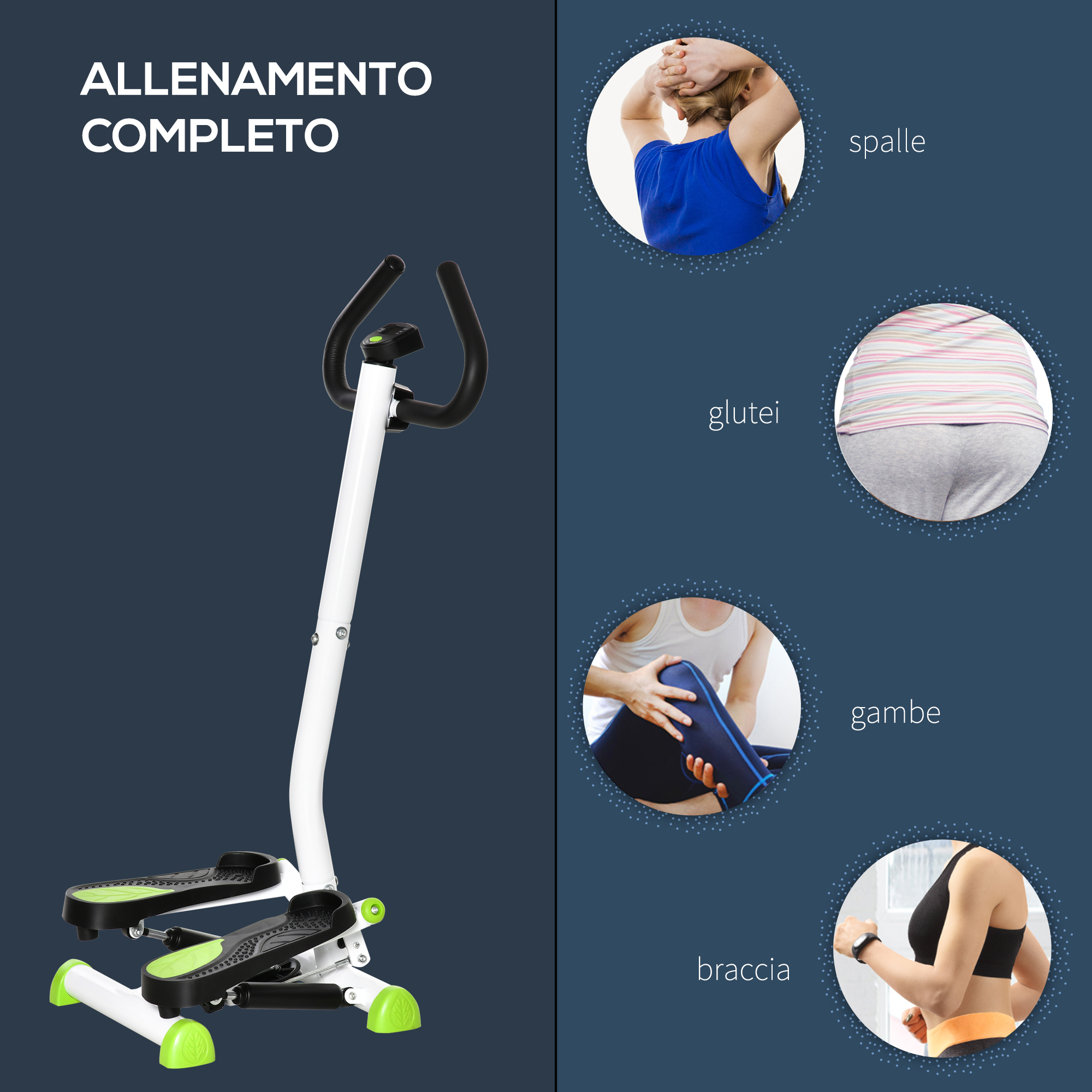 Uno stepper bianco con dettagli verdi e quattro foto circolari che mostrano i muscoli stimolati.