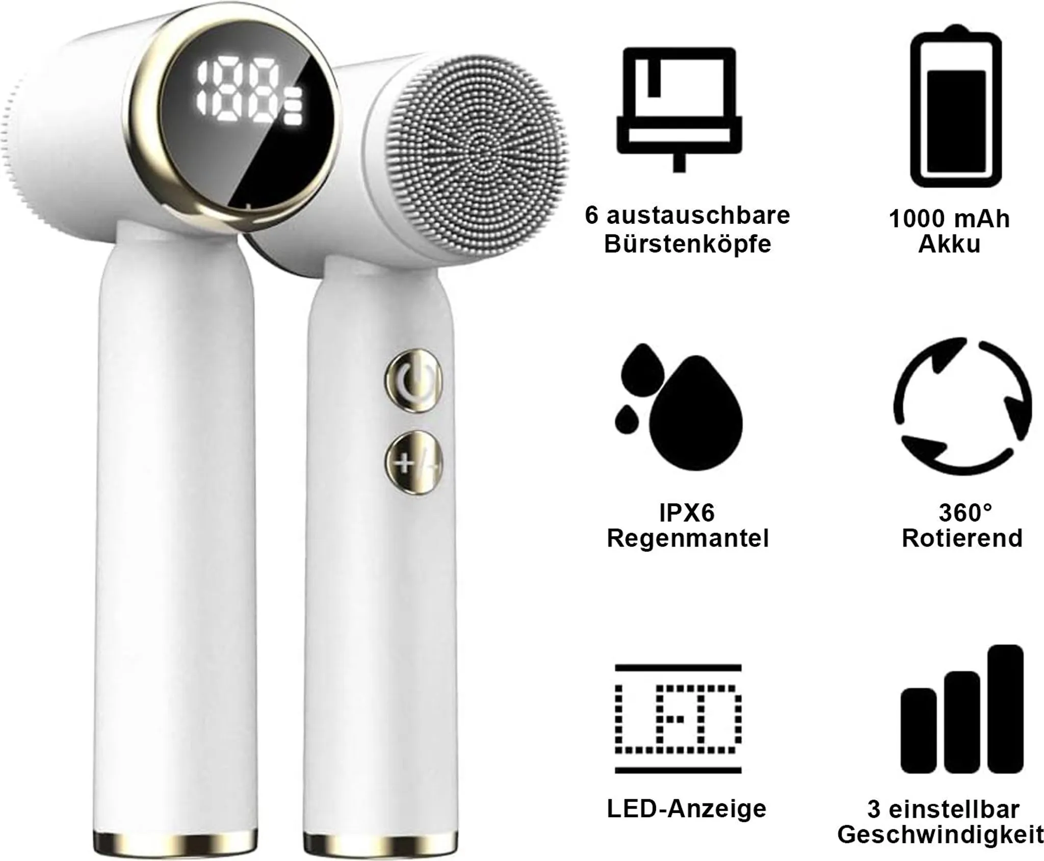 Weisse Gesichtsreinigungsbuerste mit LED-Anzeige und sechs Icons fuer Funktionen wie 1000 mAh Akku und 360 Grad Rotation.