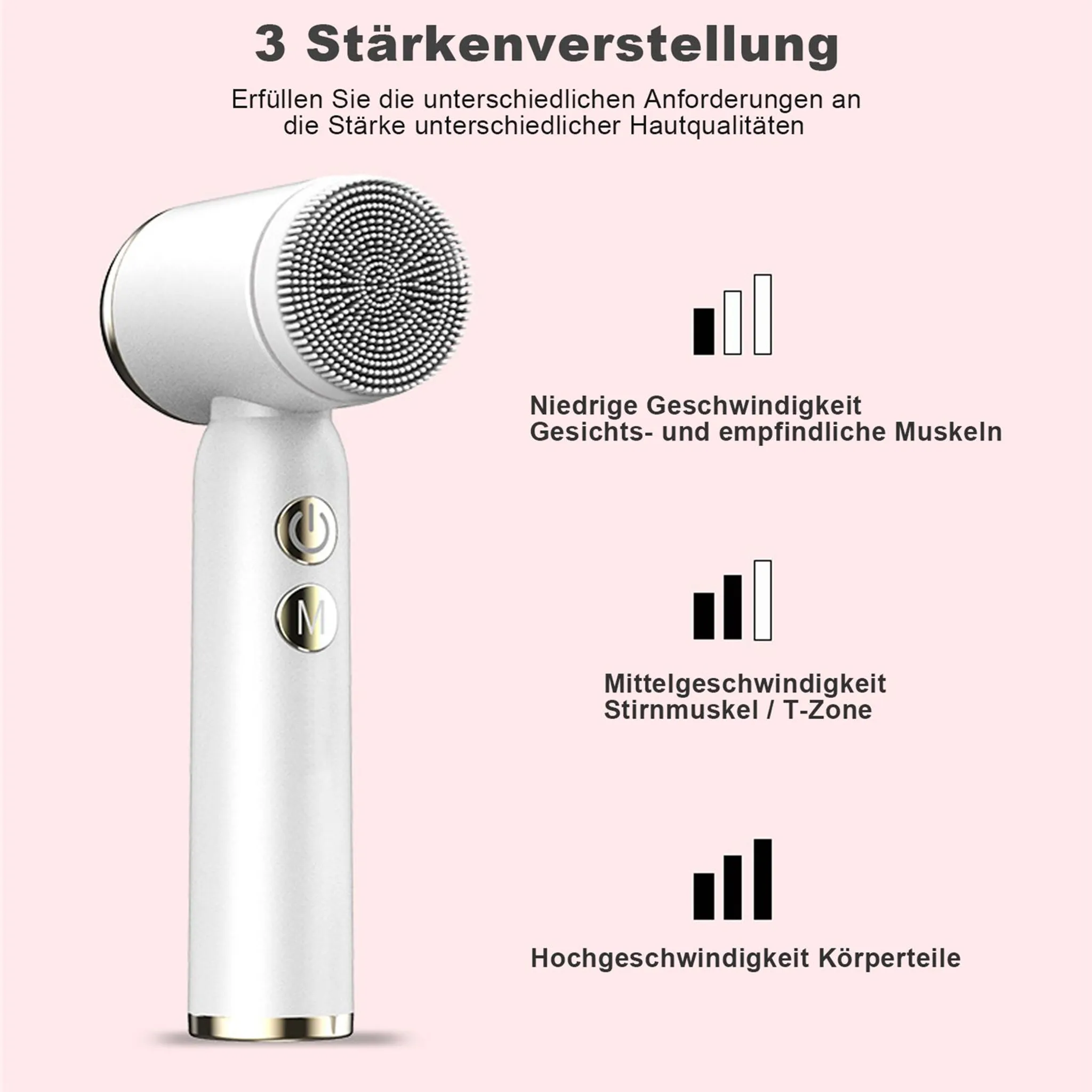 Weiße elektrische Gesichtsreinigungsbürste mit drei Geschwindigkeiten und Silikonborsten.