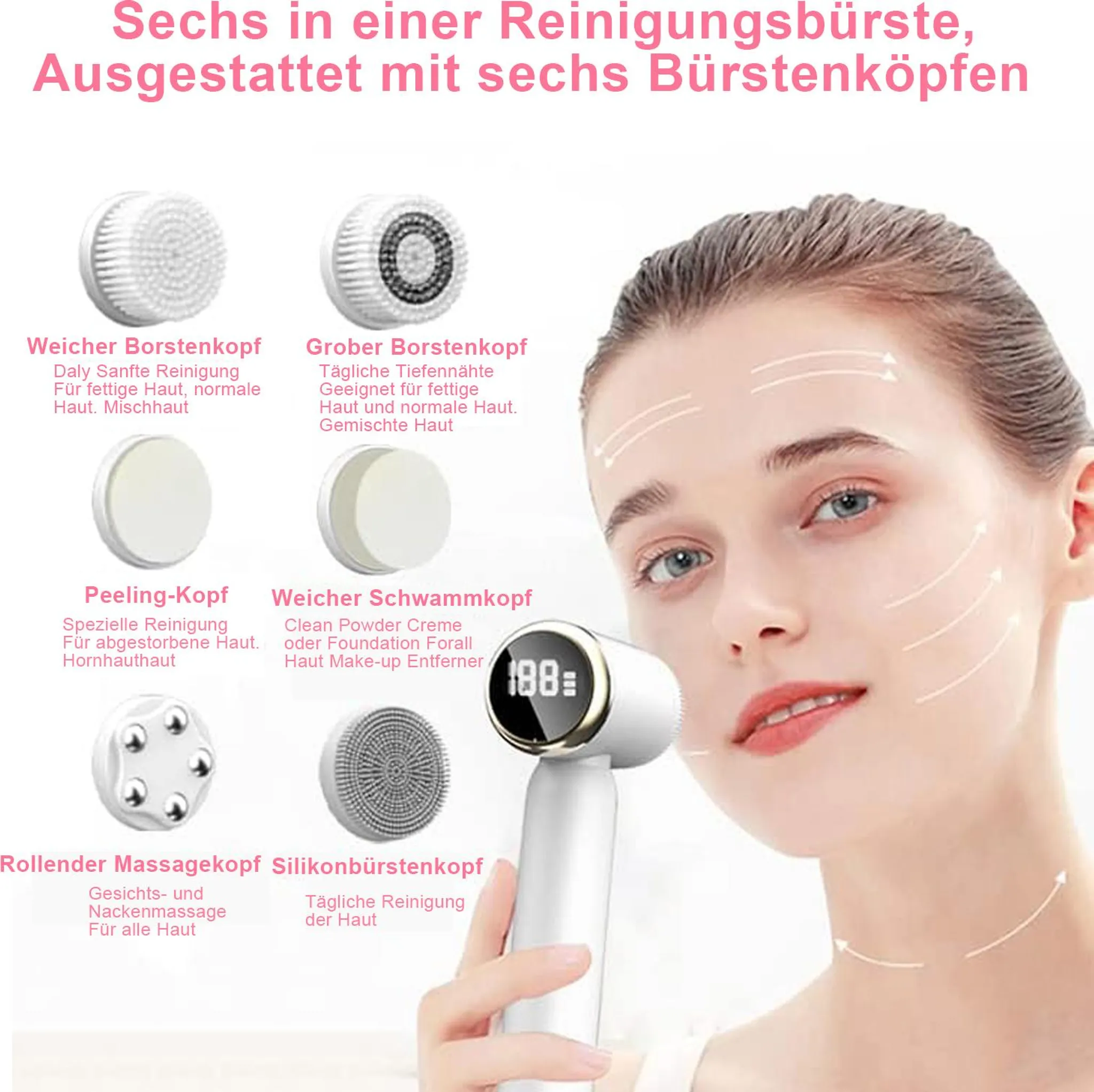 Gesichtsreinigungsbürste mit sechs verschiedenen austauschbaren Köpfen und einer Frau im Hintergrund.