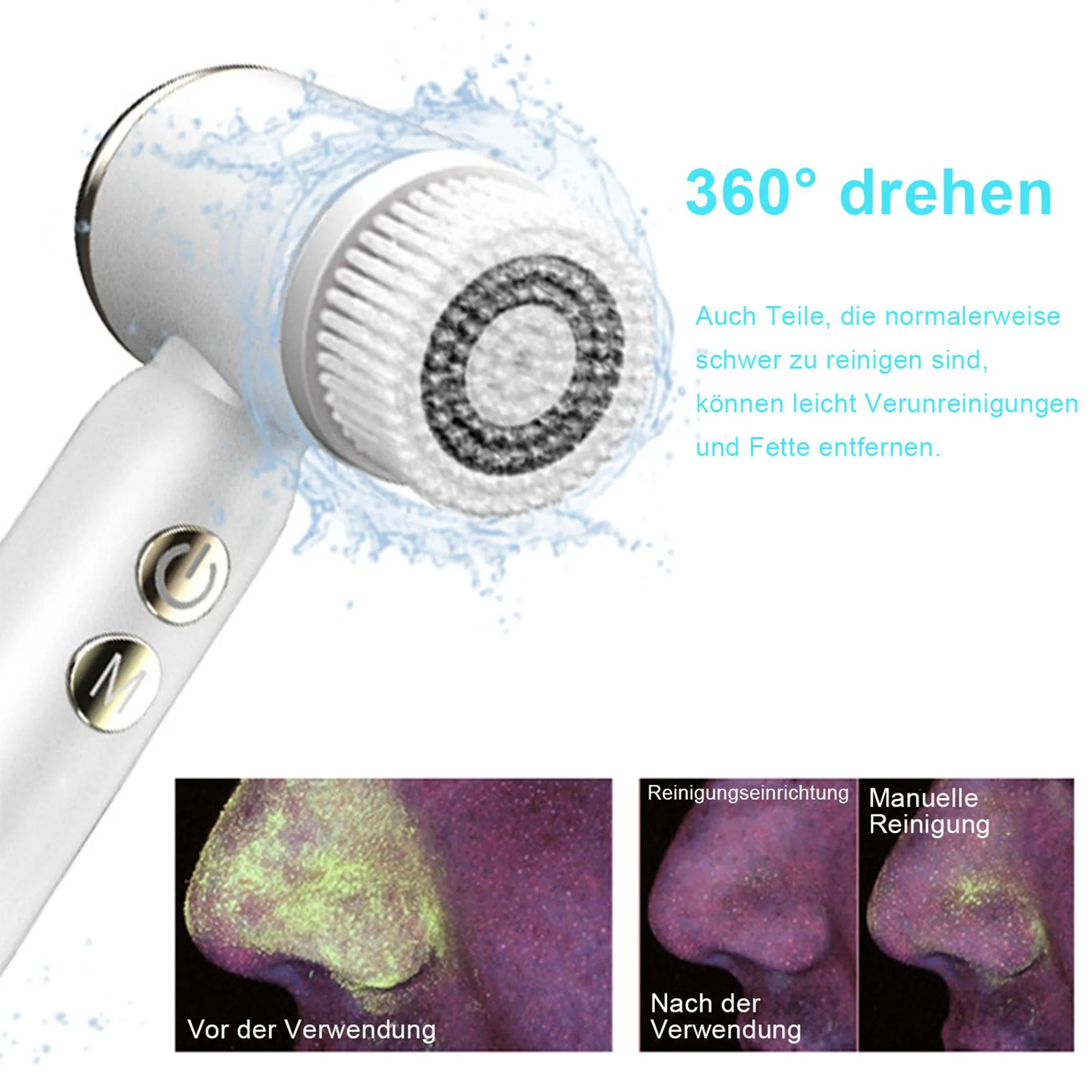 Elektrische Gesichtsreinigungsbuerste mit drehendem Kopf und Wasser Spritzern sowie Vergleichsbildern.
