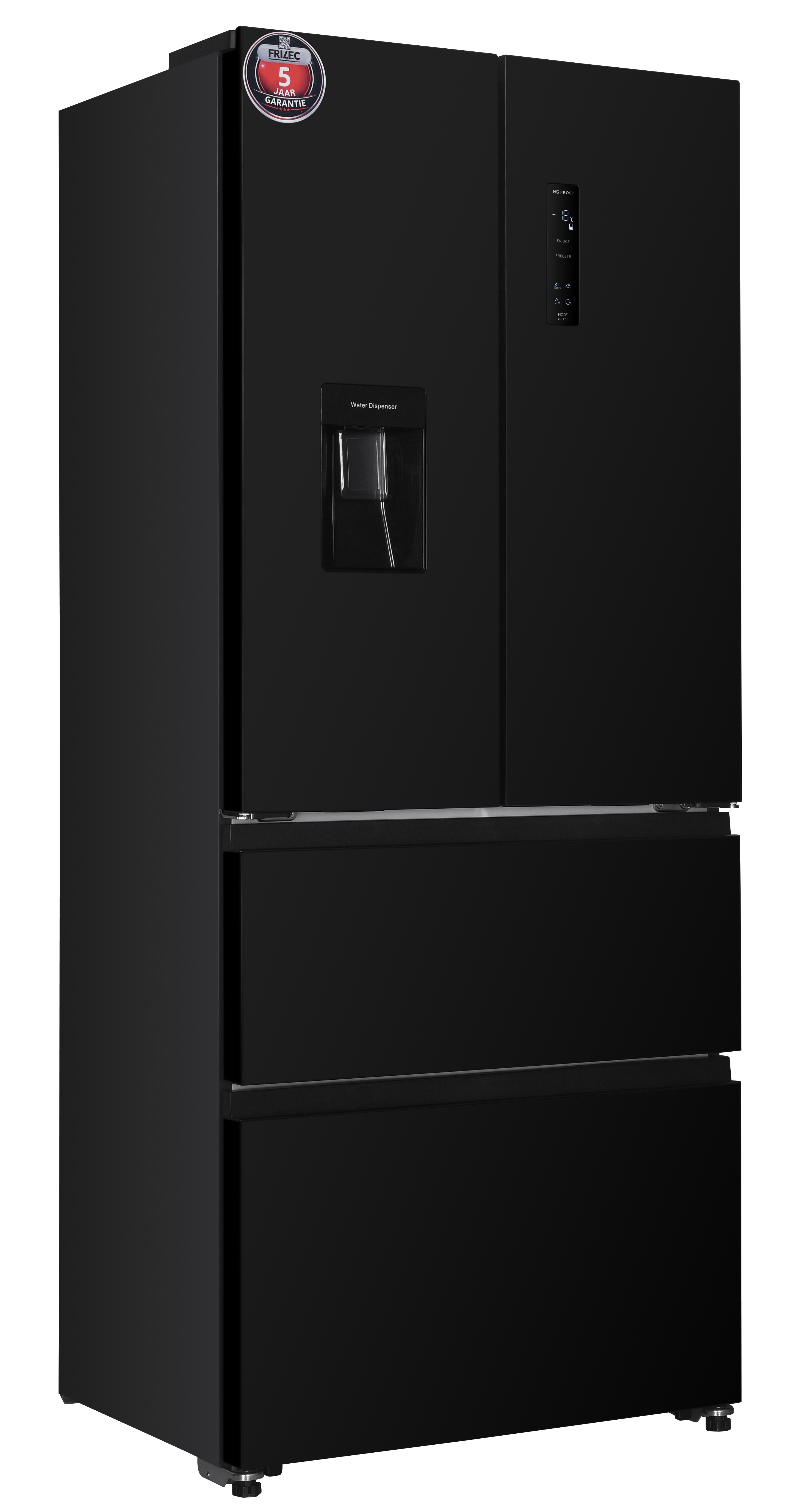 A modern black multi-door refrigerator with a water dispenser on the left door and a digital display.