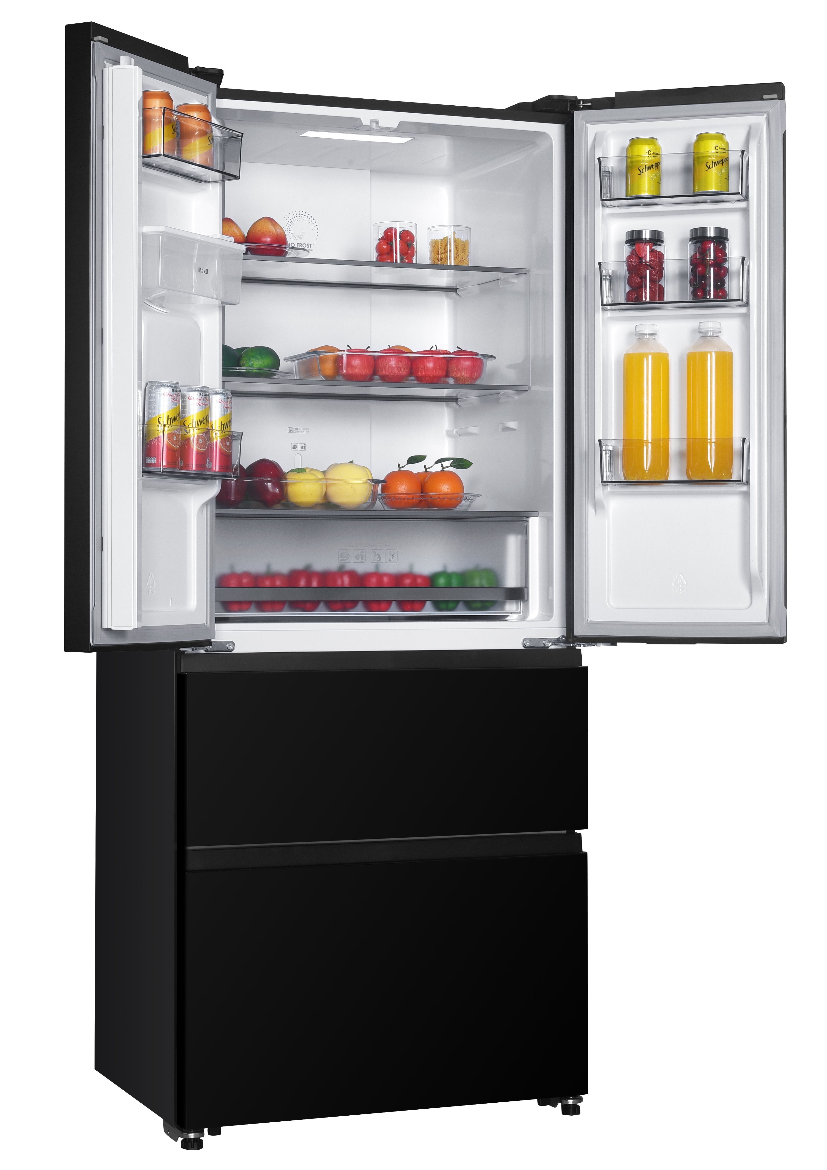 An open black refrigerator with well-stocked shelves containing fruits, vegetables, and drinks.