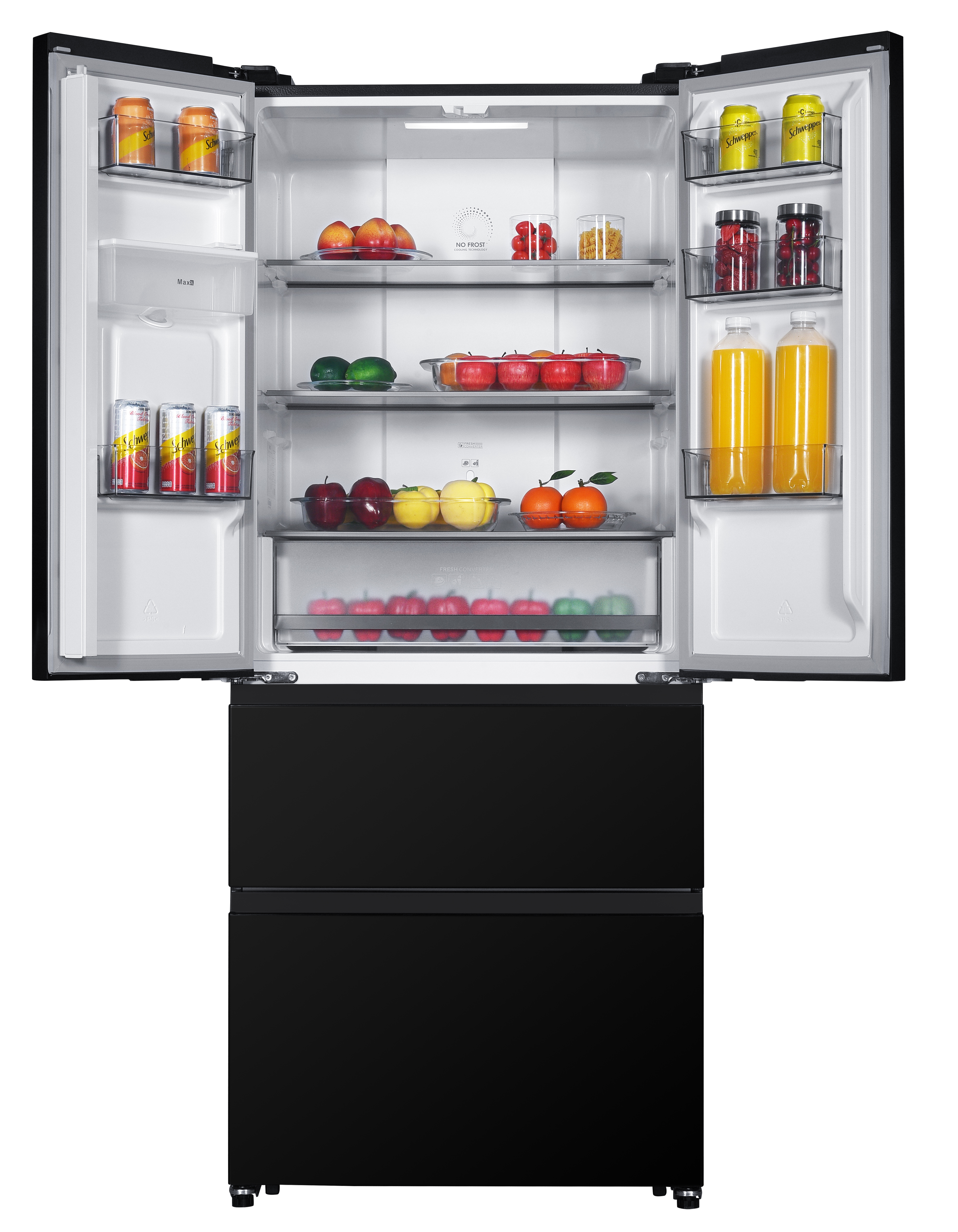 An open black multi-door refrigerator filled with fresh fruits, vegetables, canned drinks, and juice bottles.