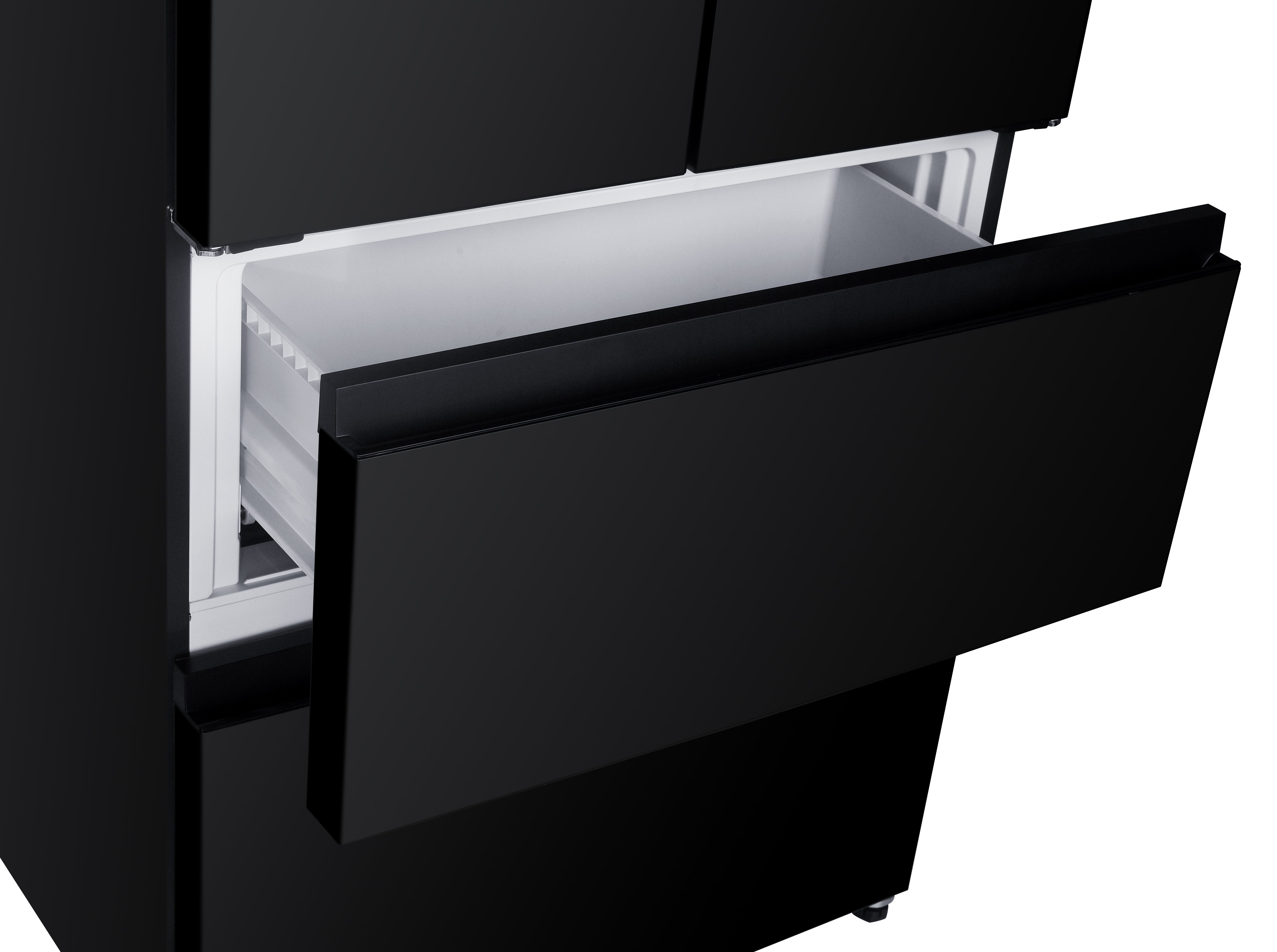 Black refrigerator with a pulled-out middle freezer drawer against a white background.