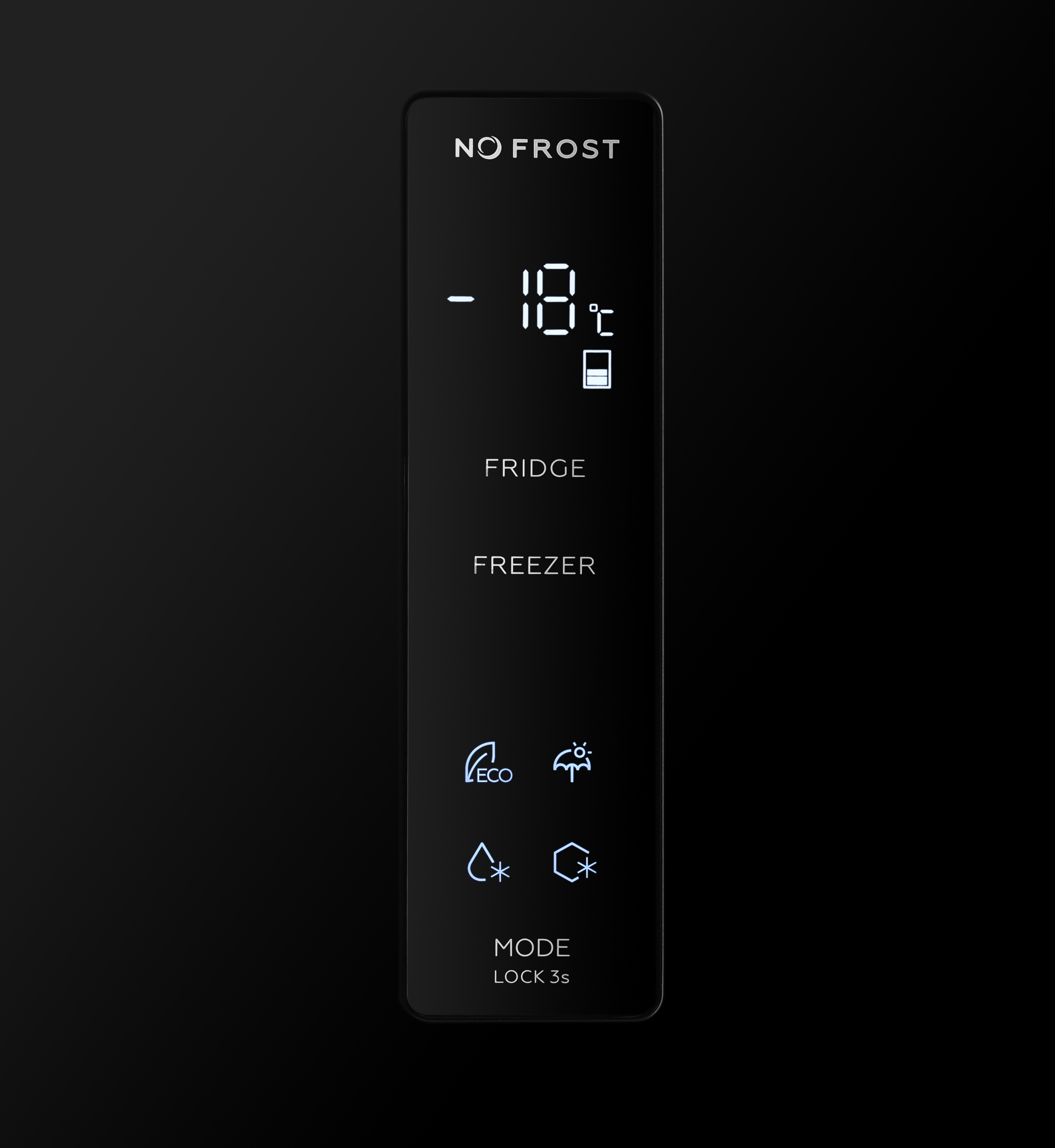 Black control panel with white digital display and touch icons for a no-frost refrigerator.