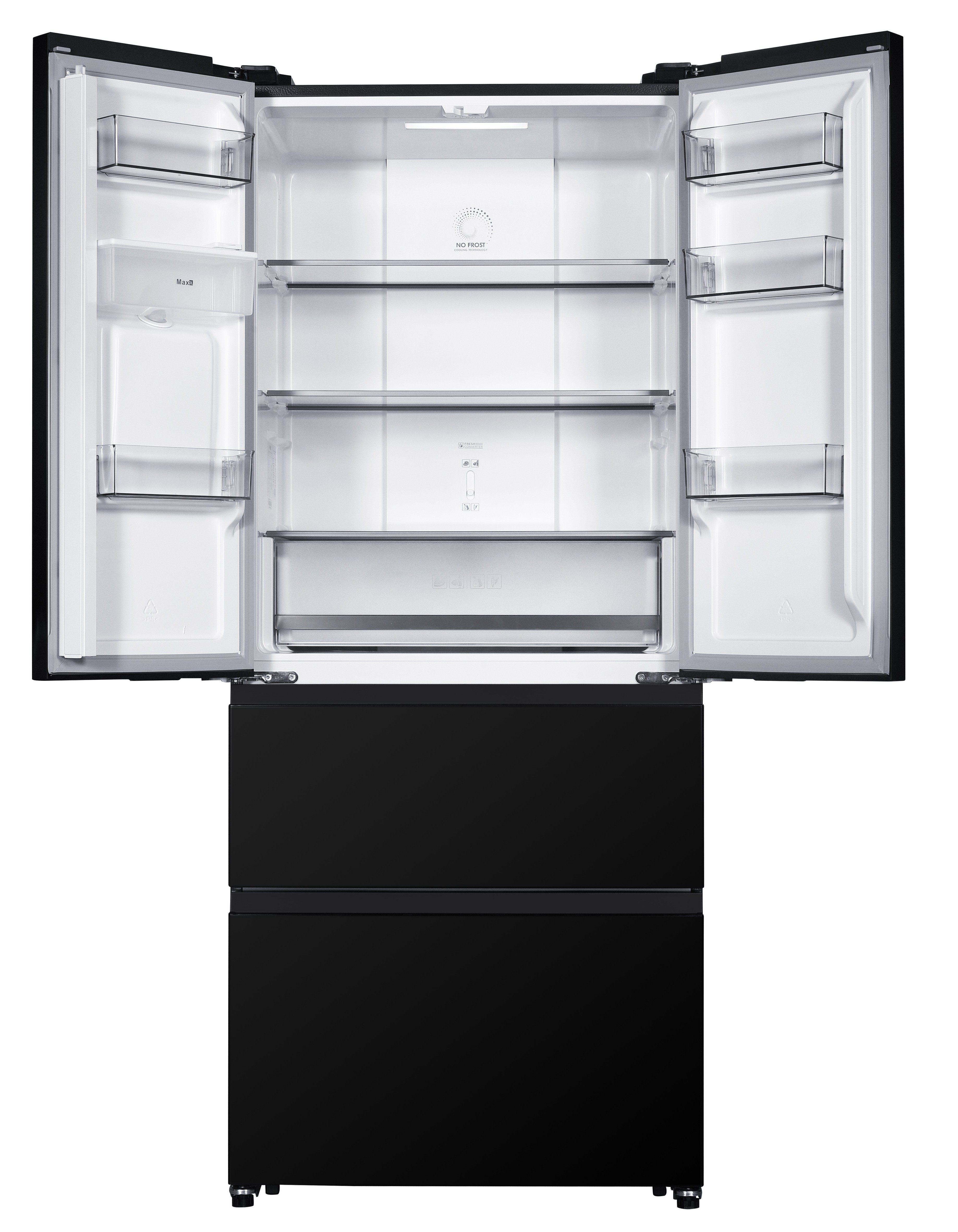 An open black refrigerator with empty glass shelves and door bins, and two bottom black drawers.