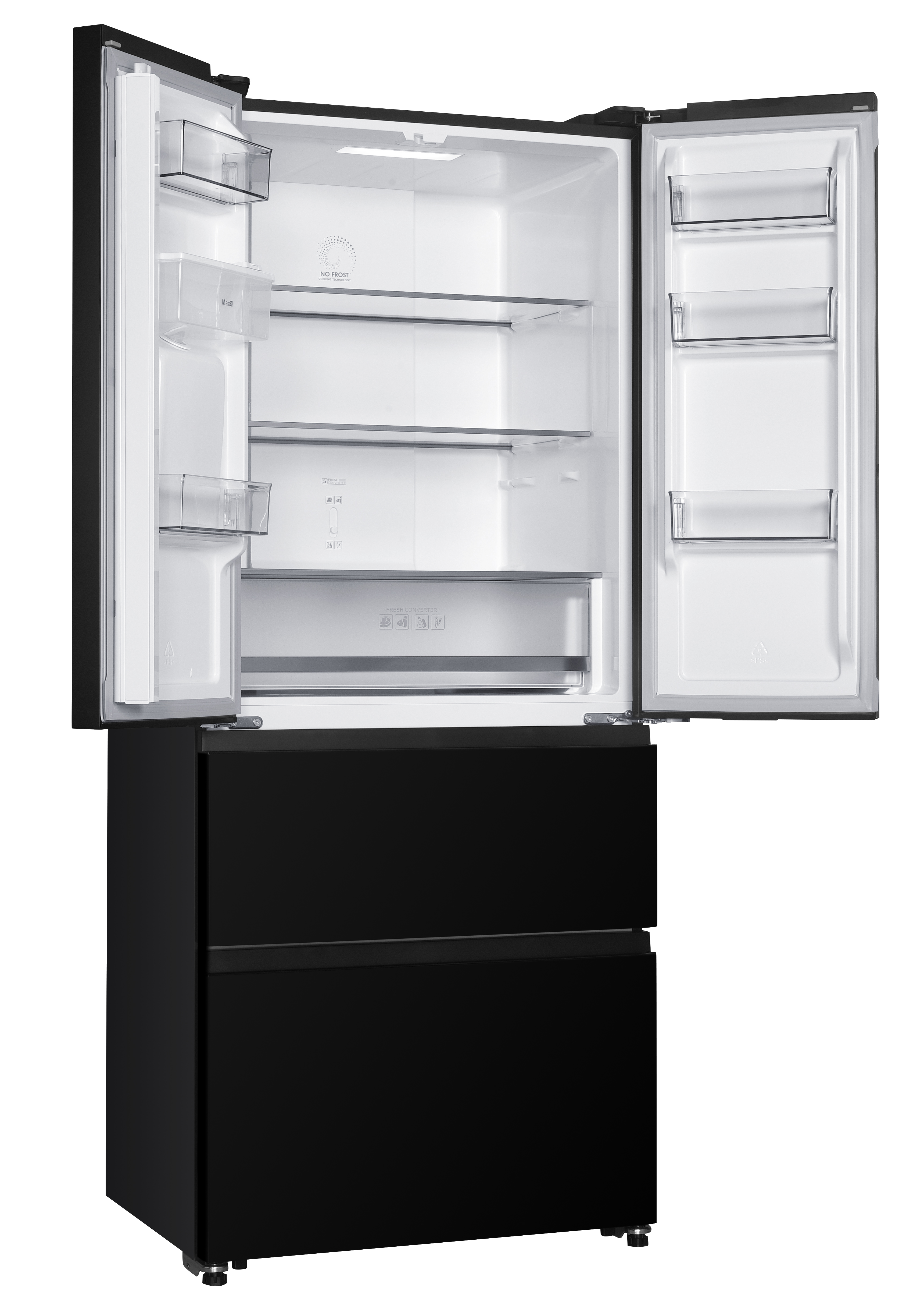 A black refrigerator with open double doors, empty glass shelves inside, and two bottom drawers.