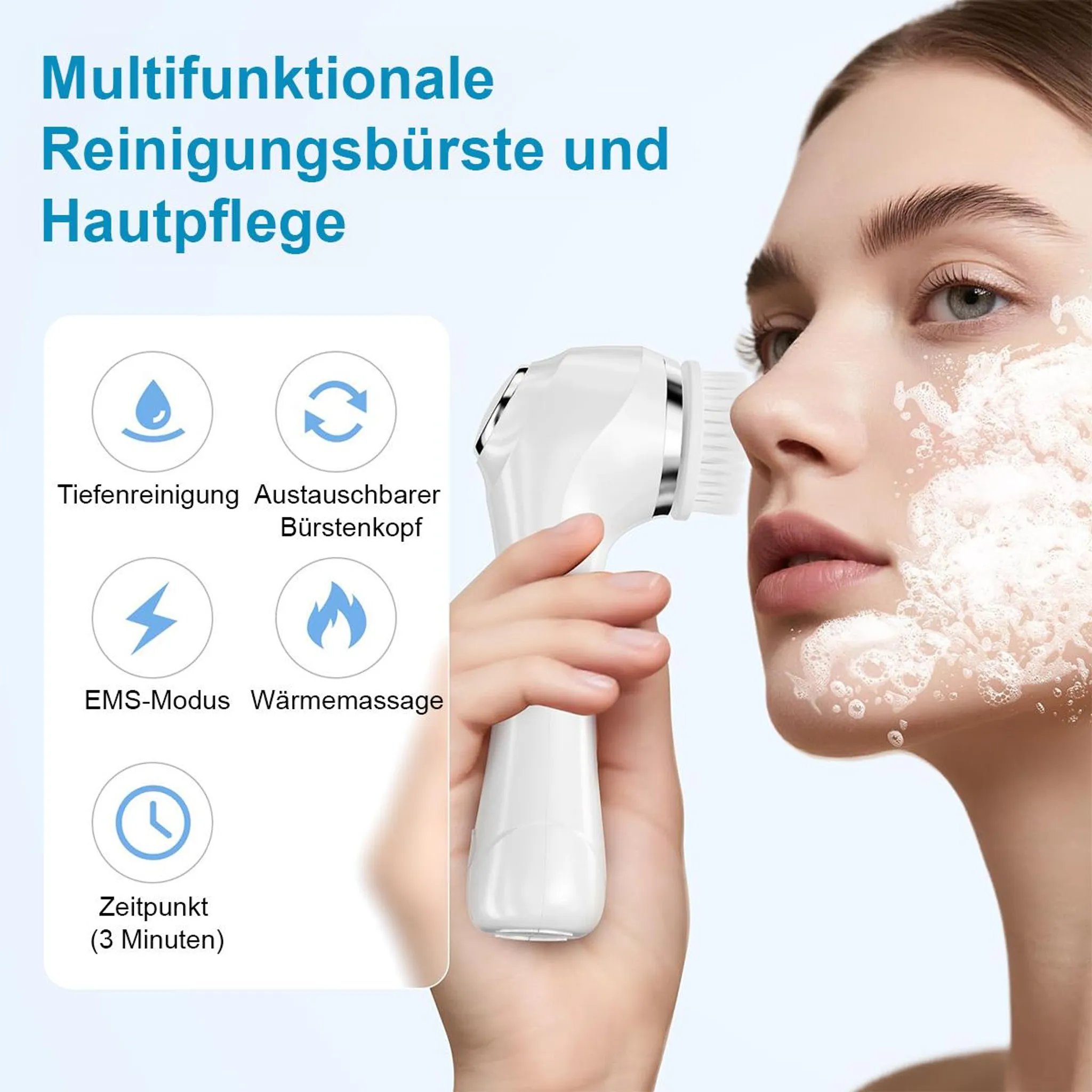 Eine Frau nutzt eine weiße Gesichtsbürste mit Schaum im Gesicht, daneben Symbole für Funktionen.