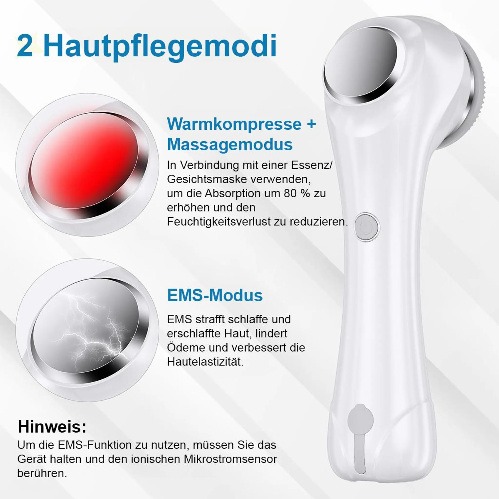 Weißes Gesichtsbehandlungsgerät mit zwei Modi und Erklärungen auf Deutsch.