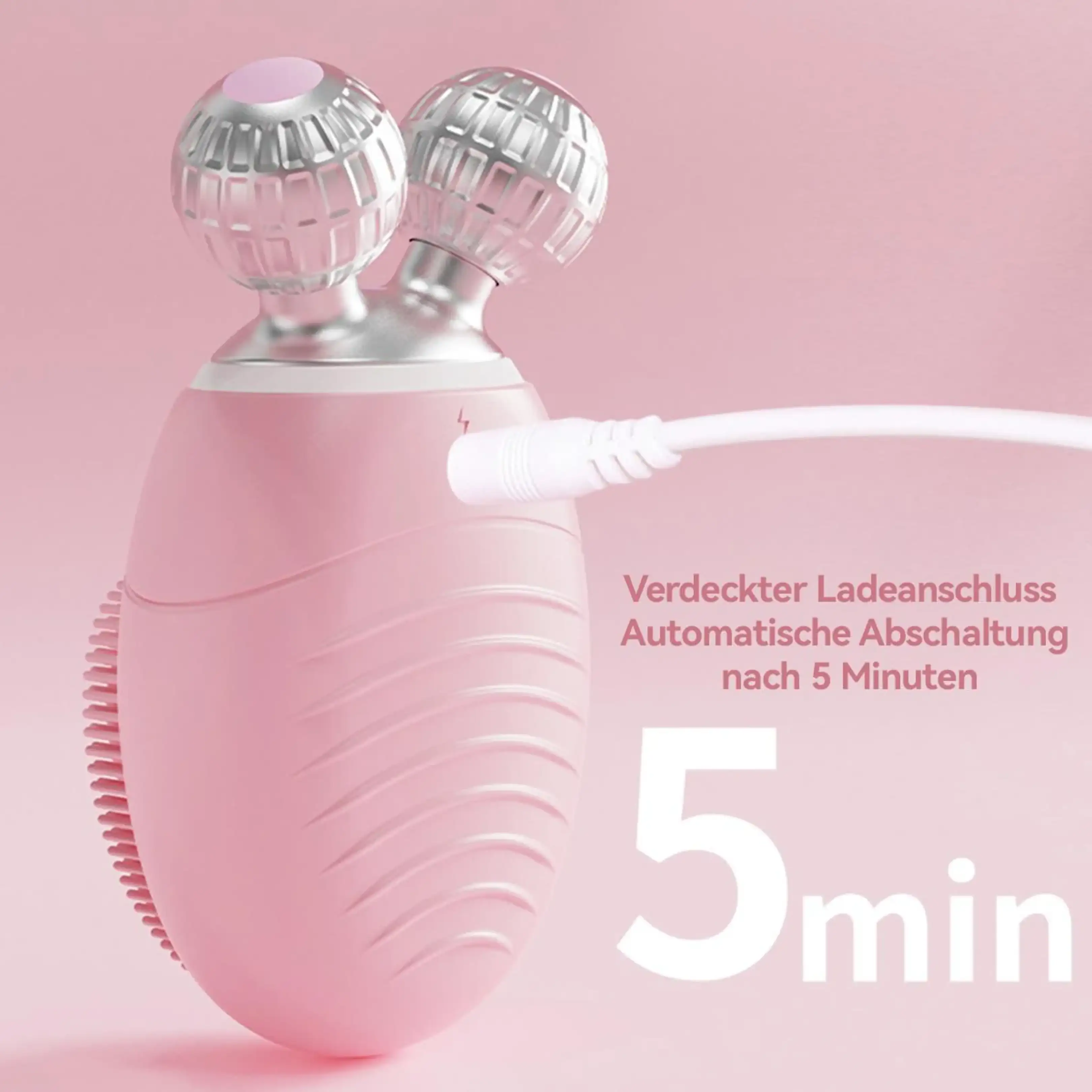 Rosa Gesichtsreinigungsgerät mit zwei silbernen Kugeln wird mit weißem Kabel aufgeladen.