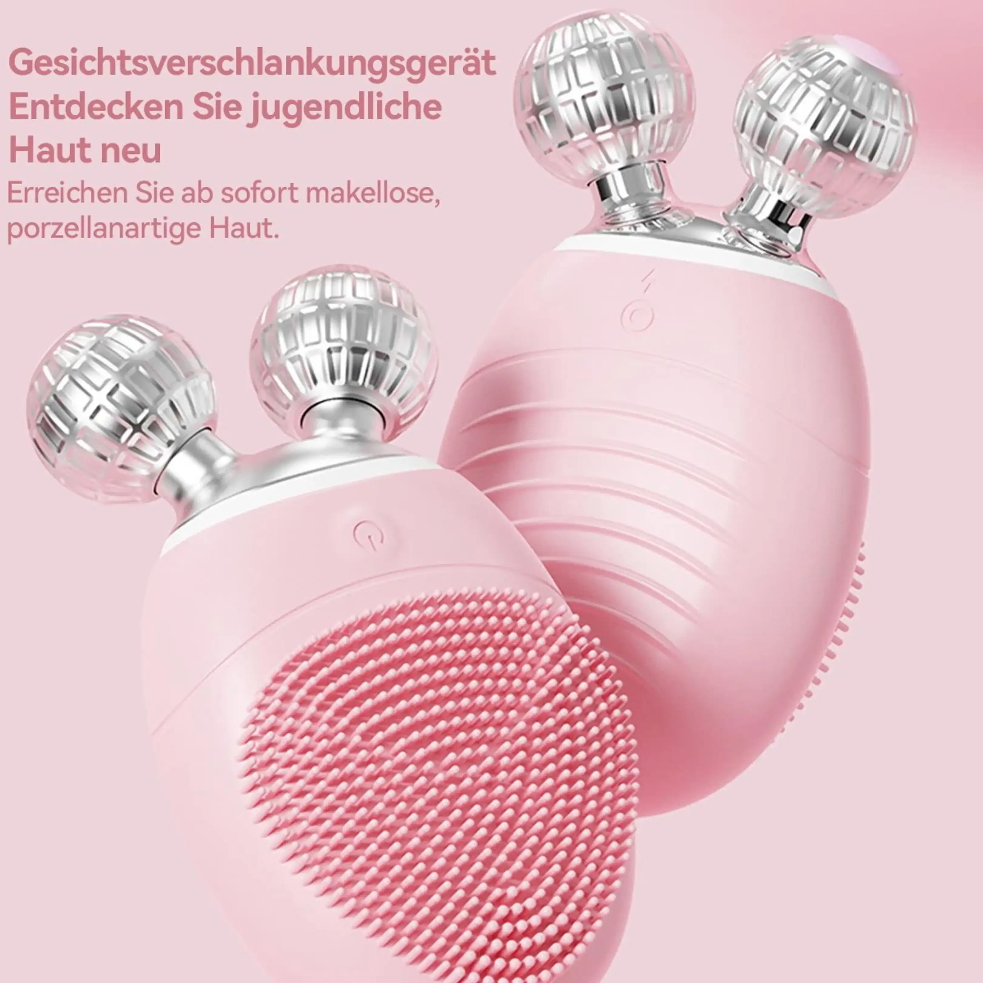 Zwei rosa Gesichtsreinigungsgeräte mit zwei silbernen Massagekugeln und Silikonborsten auf pinkem Hintergrund.