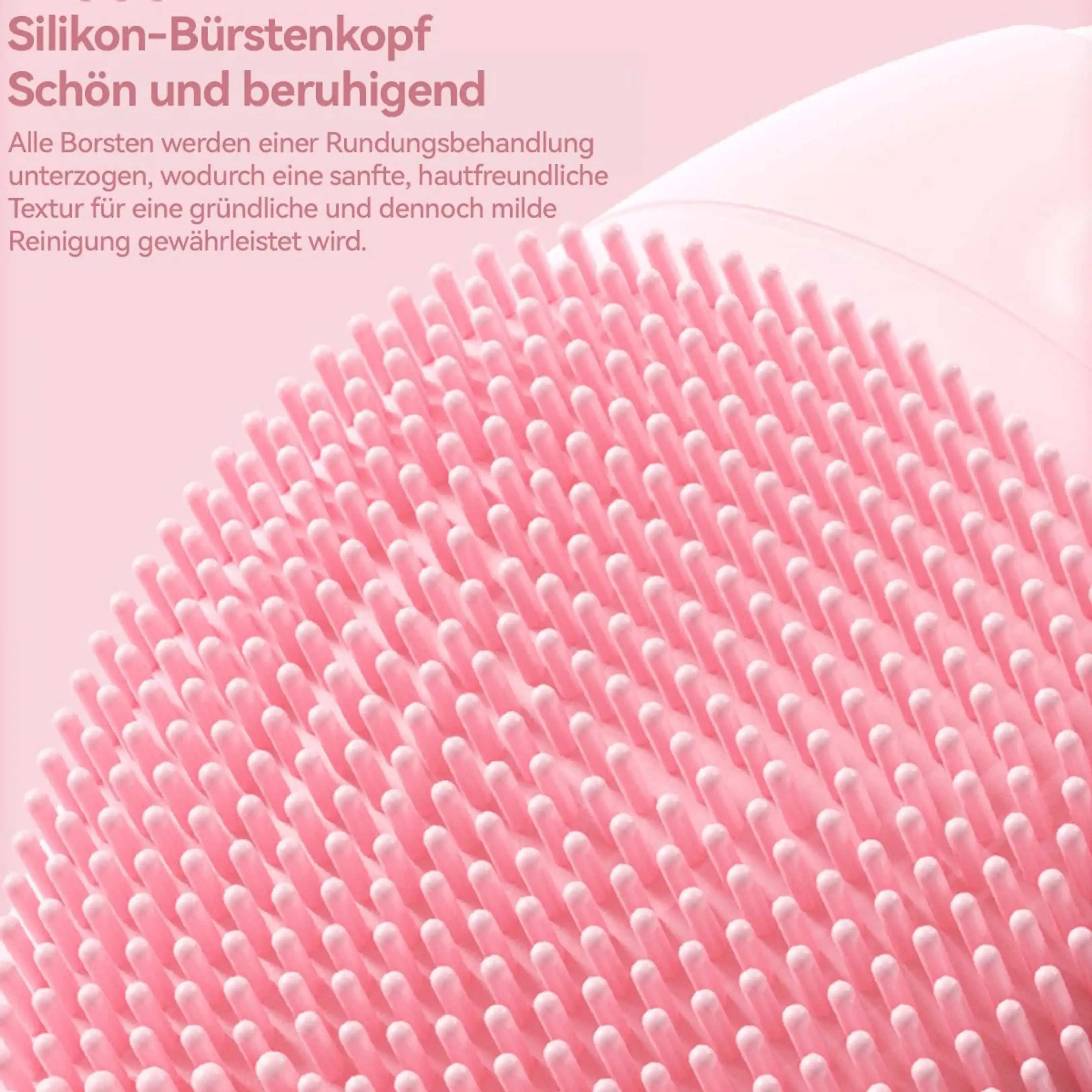 Nahaufnahme eines rosafarbenen Silikonbürstenkopfes mit vielen weichen Borsten.