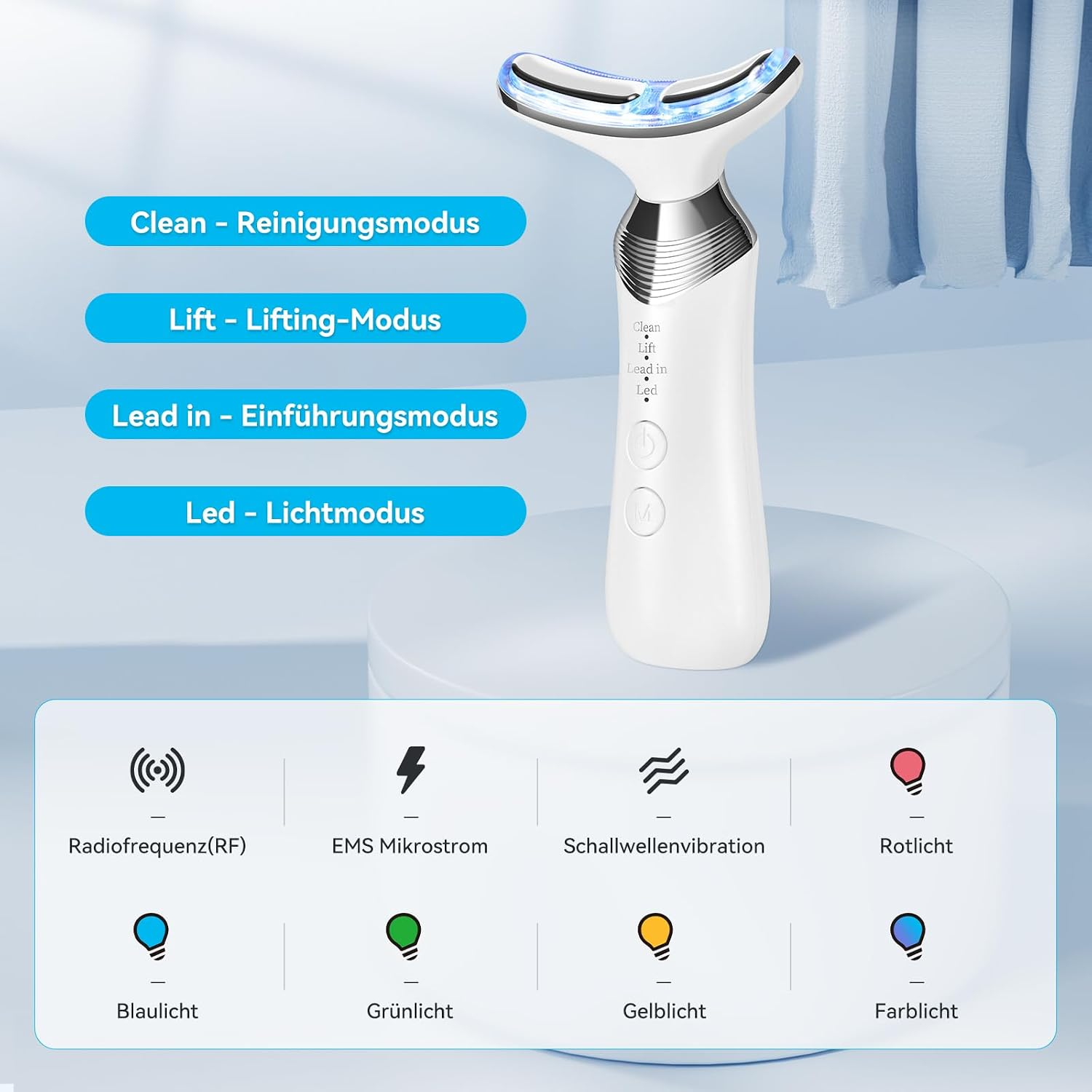 Weißes Gesichtsbehandlungsgerät mit LED-Licht und Funktionssymbolen.
