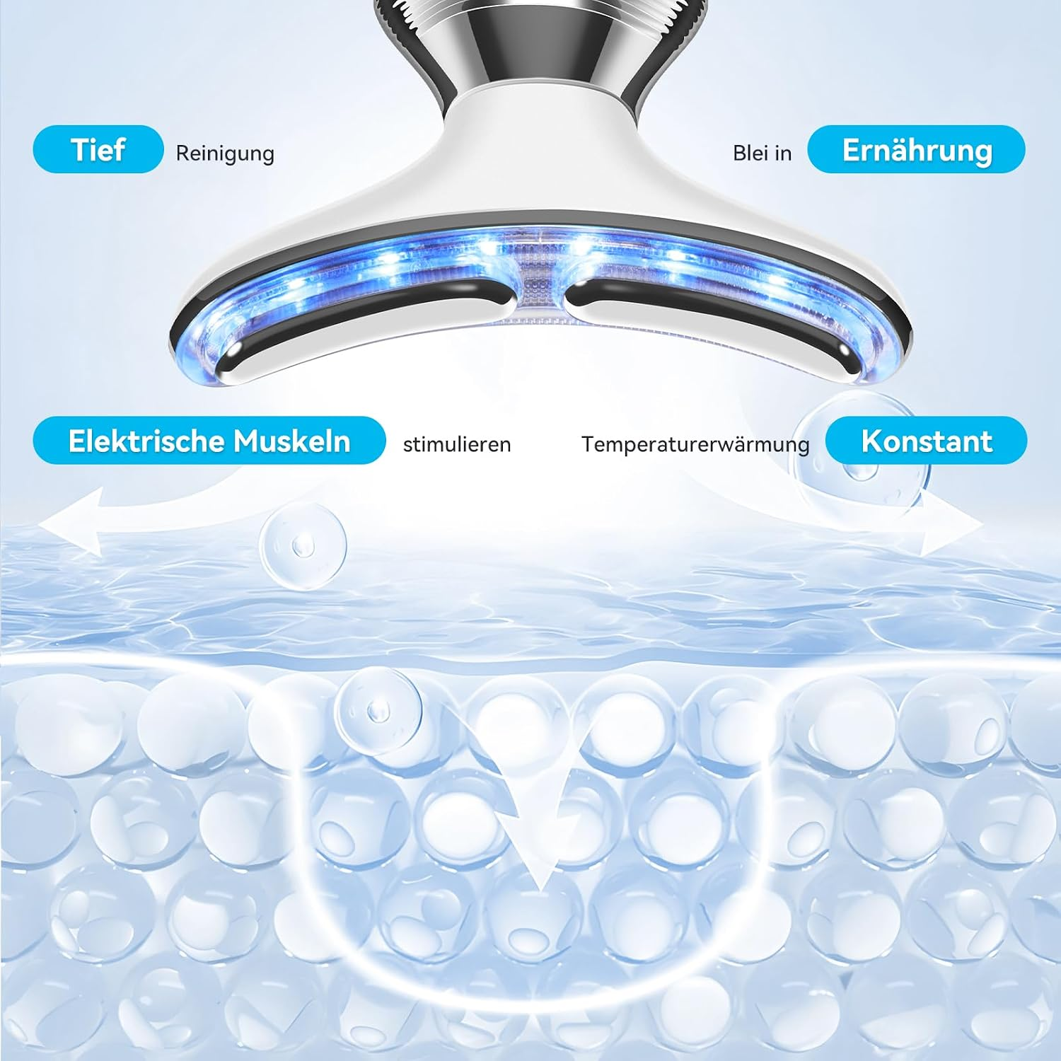 Ein Hautpflegegerät mit blauem Licht zeigt Tiefenreinigung und elektrische Muskelstimulation.