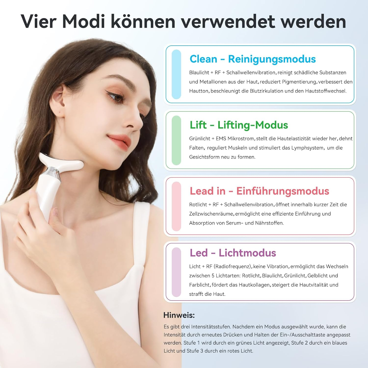 Eine Frau nutzt ein weißes Hautpflegegerät am Hals, mit Textfeldern zu vier Modi auf der rechten Seite.