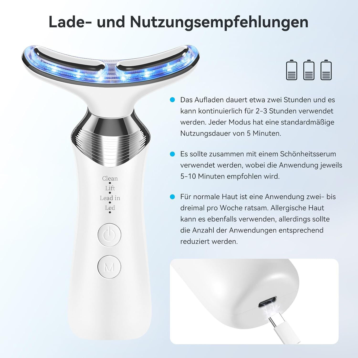 Ein weißer Gesichts- und Halsmassagegerät mit blauen LEDs, Ladehinweisen und USB-C-Anschluss.