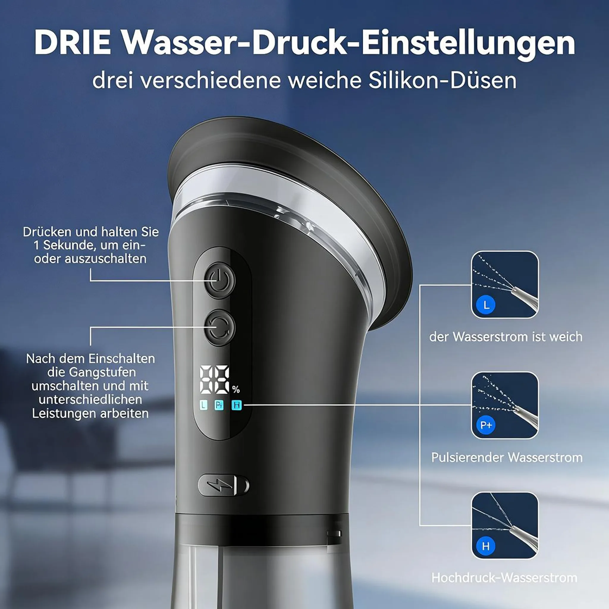 Schwarzes elektrisches Gerät mit Wasser-Druck-Einstellungen und drei Silikon-Düsen.