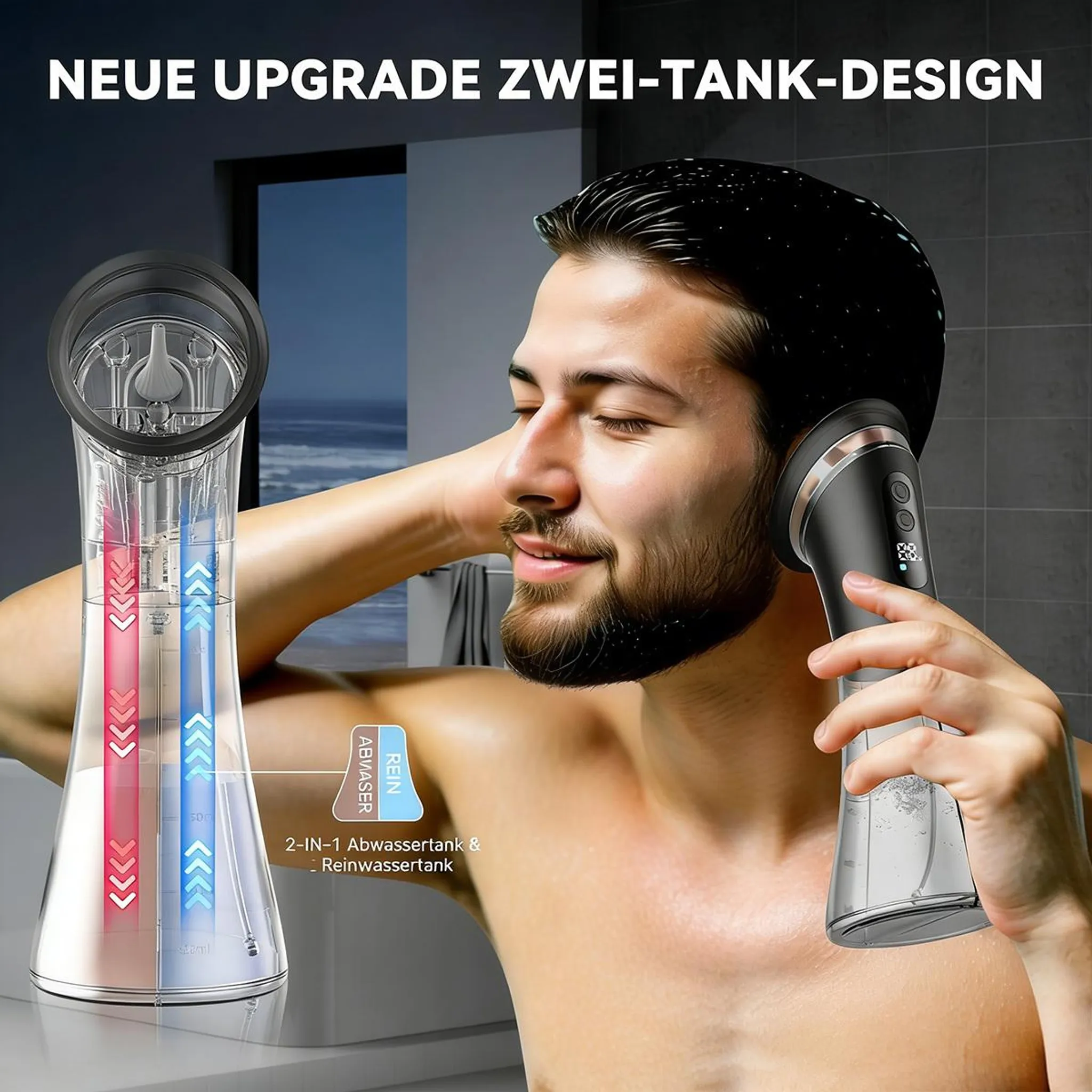 Ein Mann nutzt ein Gerät mit Zwei-Tank-Design für das Haar in einem modernen Badezimmer.