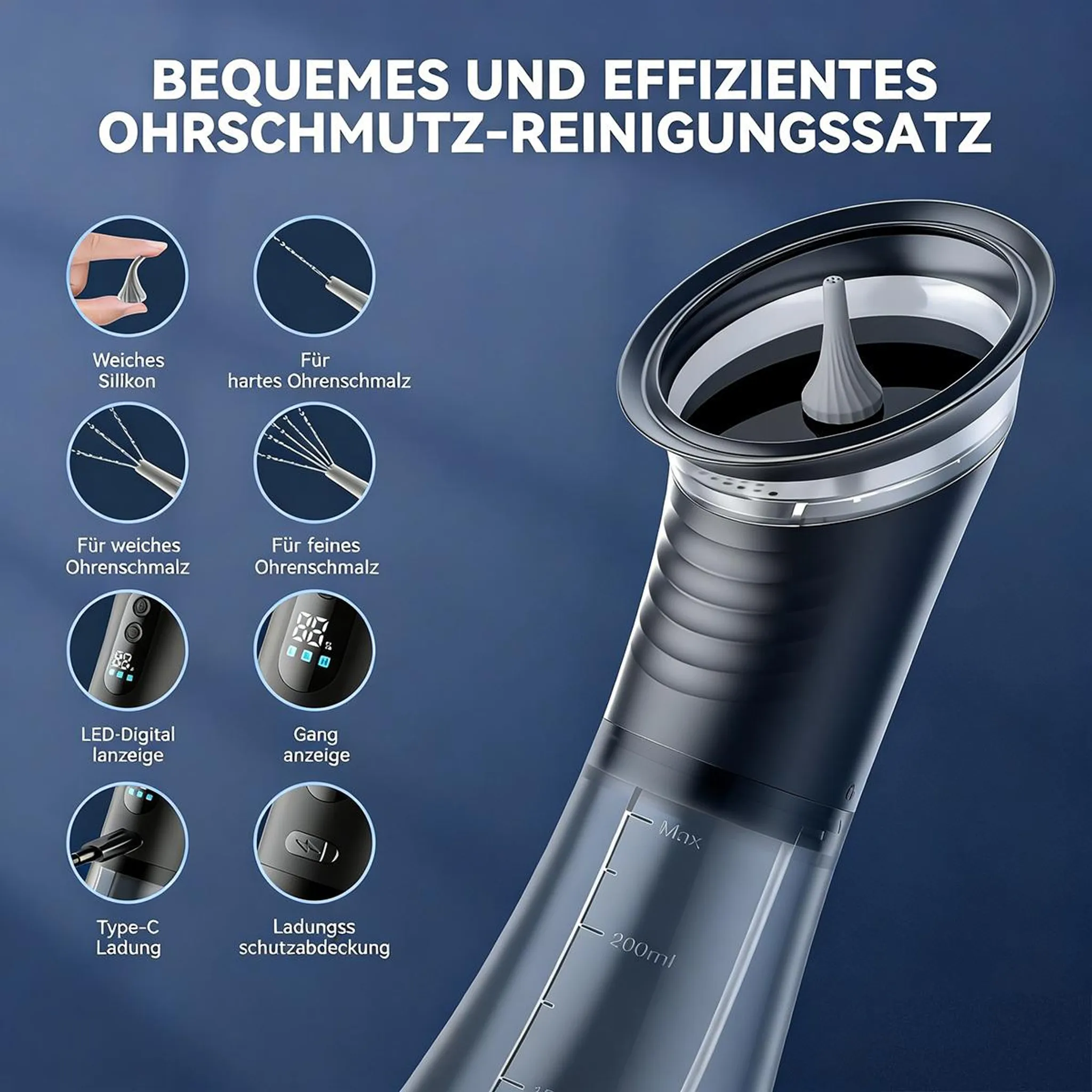 Schwarzer Ohrenschmalz-Reinigungssatz mit Zubehör und LED-Anzeige auf blauem Hintergrund.