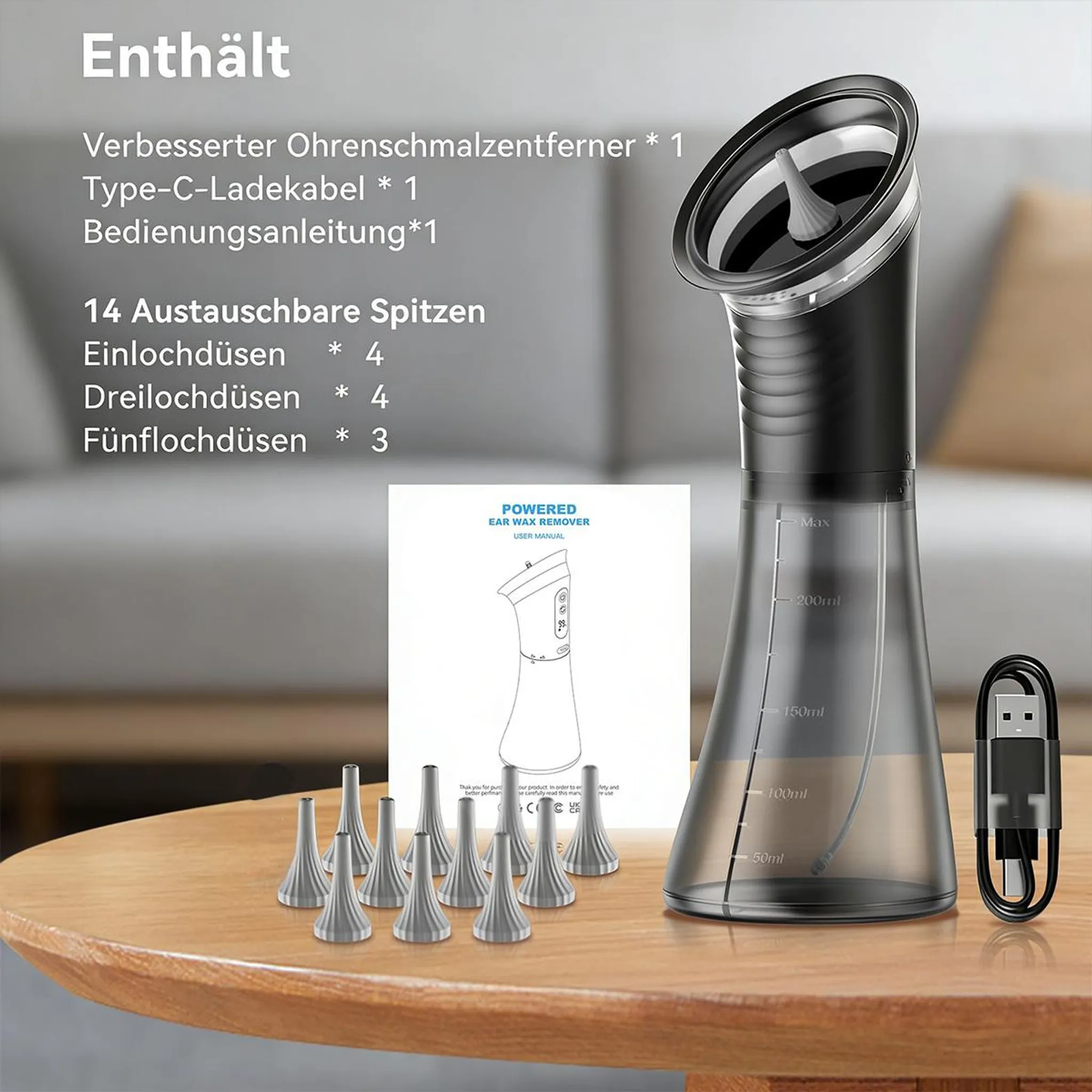 Ohrenschmalzentferner-Set mit Gerät, 14 Aufsätzen, Anleitung und L-Kabel.