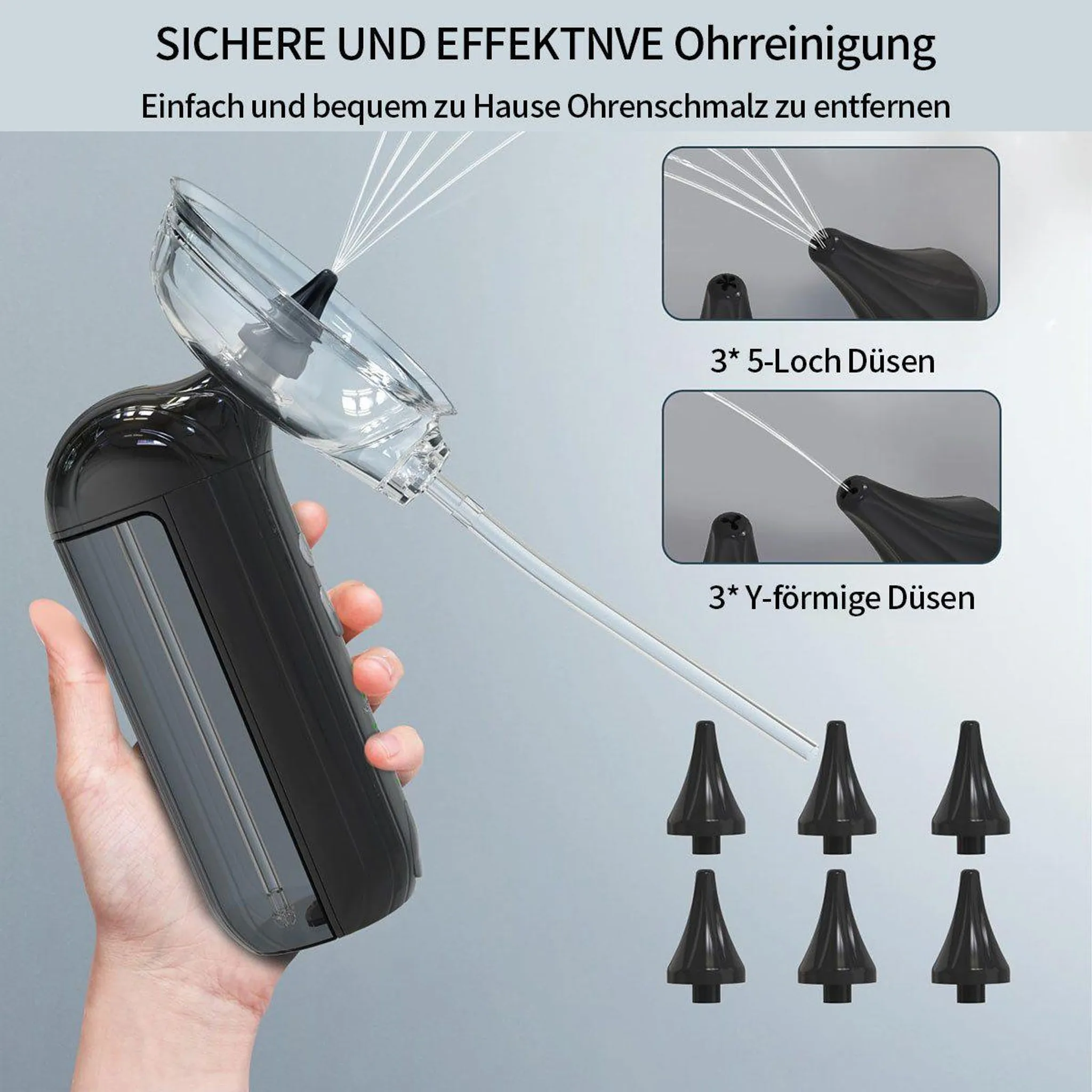 Hand hält schwarzes Ohrreinigungsgerät mit klarem Becken und verschiedenen Sprühdüsen.