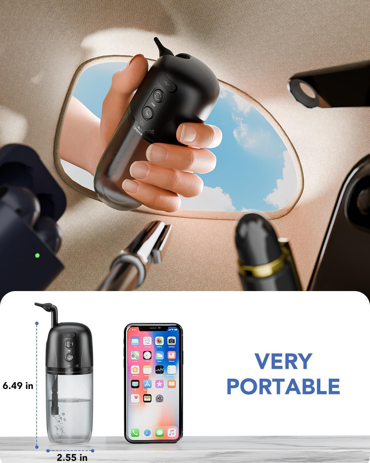 Hand hält kompakten schwarzen Mini-Staubsauger, daneben Maße und Smartphone zum Größenvergleich.