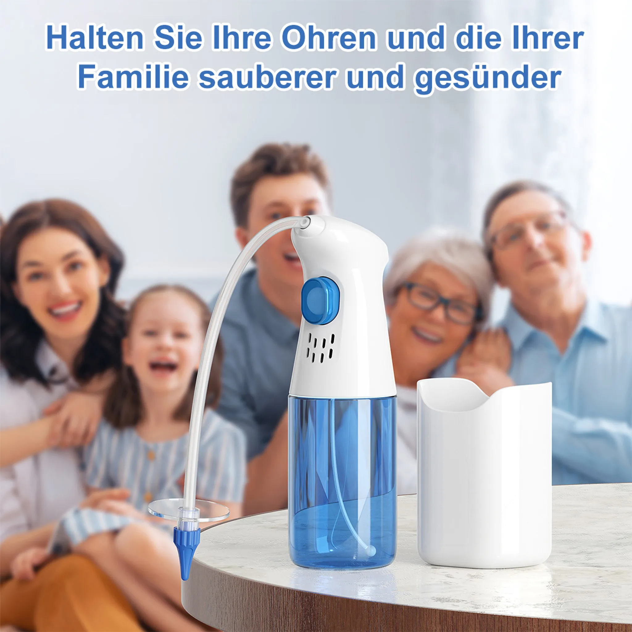 Ein blaues Ohrreinigungsgerät auf einem Tisch vor einer glücklichen vierköpfigen Familie.