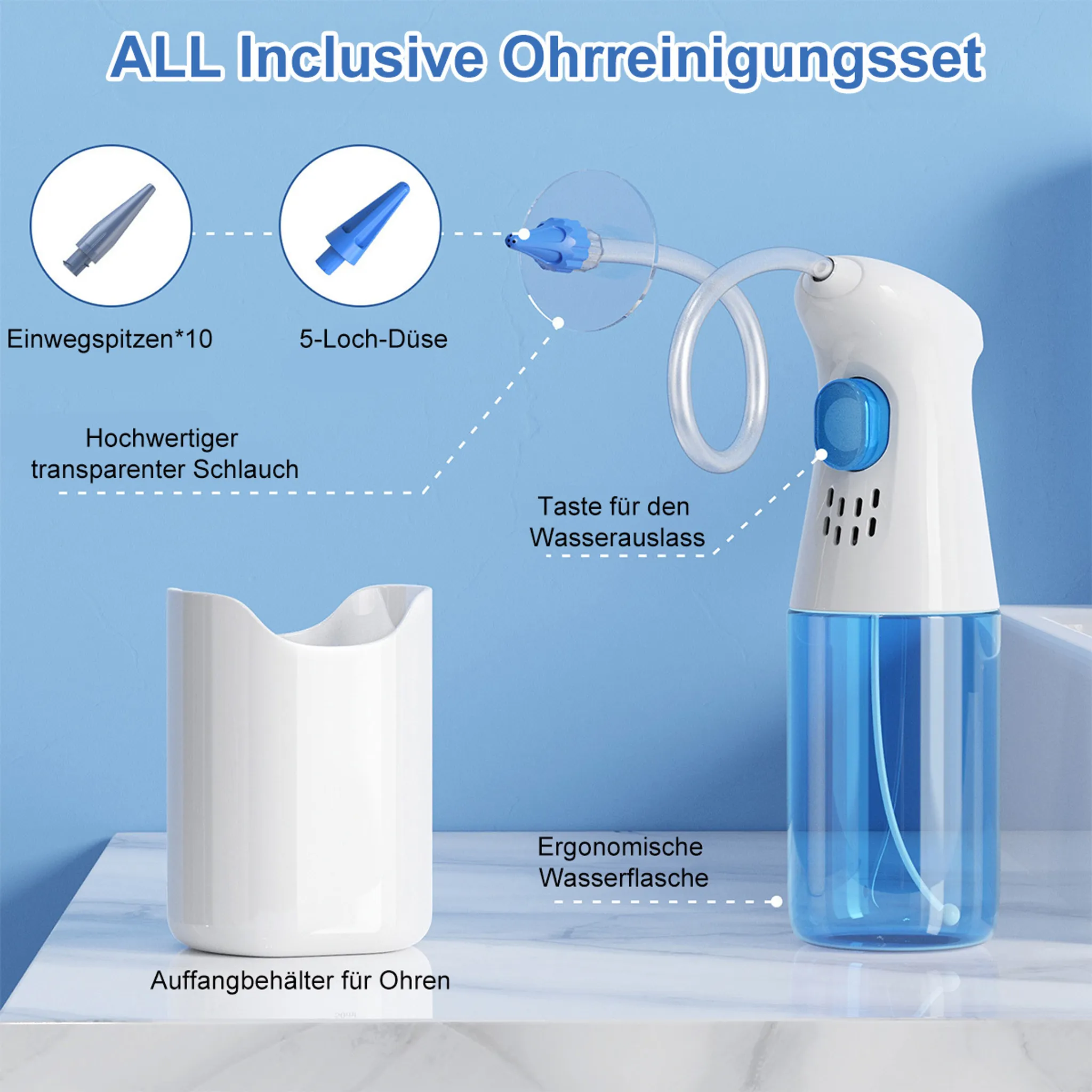 Ohrreinigungsset mit blauer Flasche, weißem Behälter und Düsen.