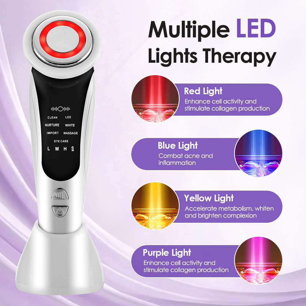 Ein weißes LED-Hautpflegegerät mit rotem, blauem, gelbem und violettem Licht.