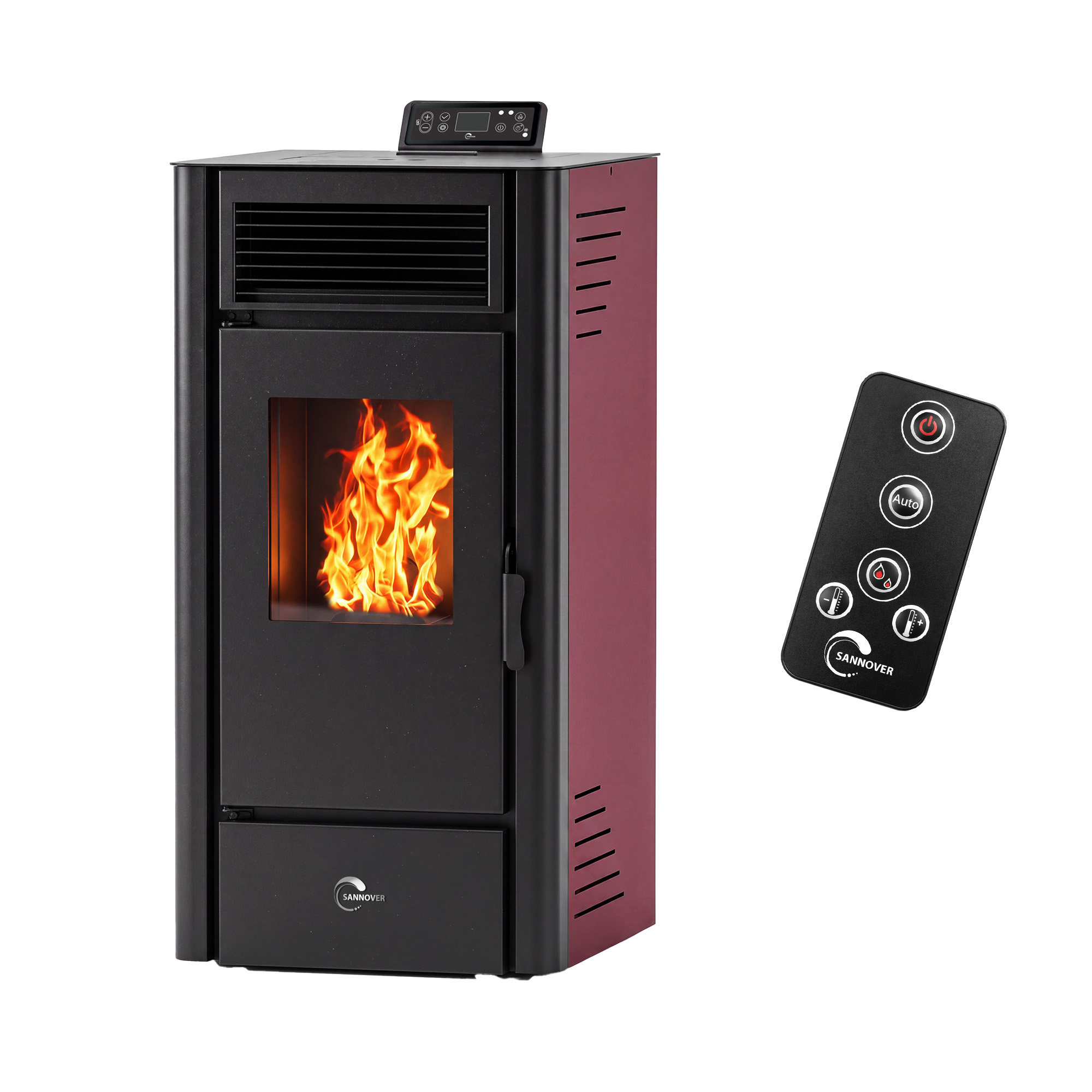 Una stufa a pellet nera e rossa con fiamme visibili all'interno, accompagnata da un telecomando nero a destra.