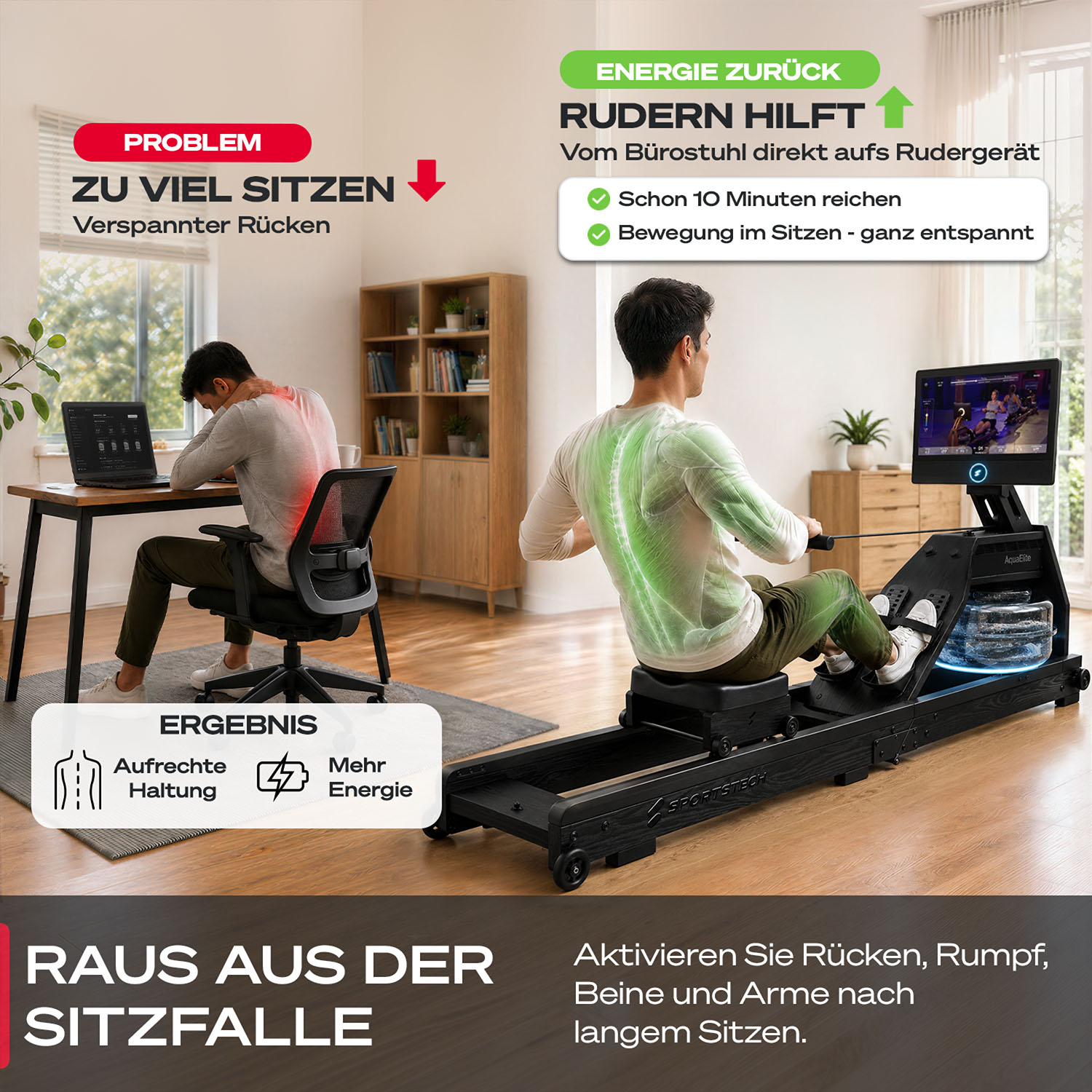 Vergleich zwischen schlechter Haltung am Schreibtisch und gutem Training auf dem Rudergerät.