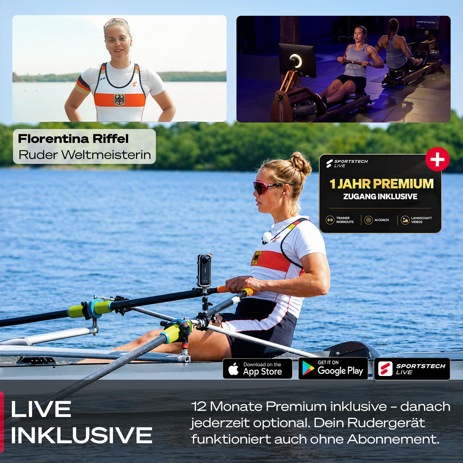 Ruderweltmeisterin Florentina Riffel beim Rudern auf einem See und im Fitnessstudio.