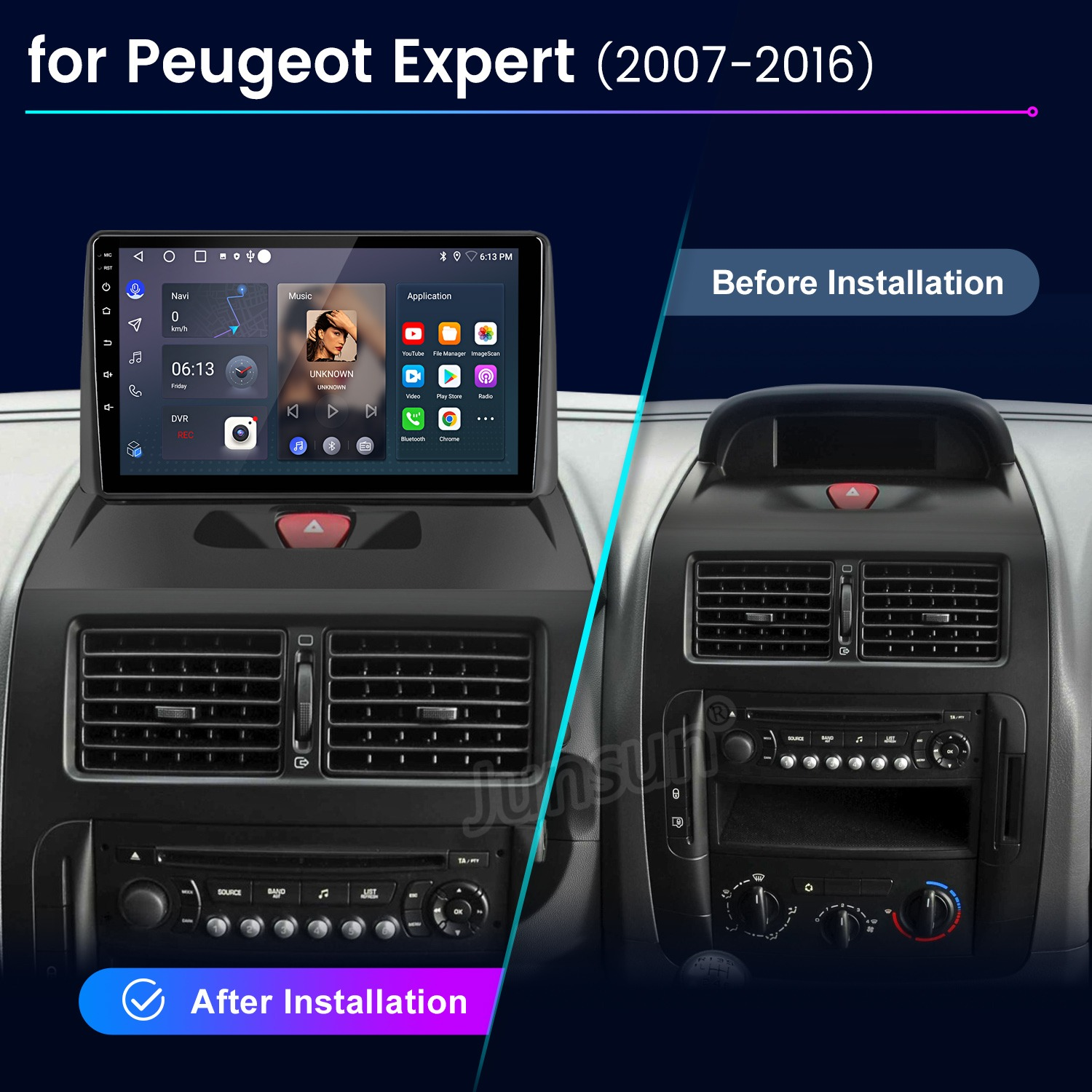 Vergleich der Autokonsole vor und nach der Installation eines neuen Android-Navigationsgeräts.