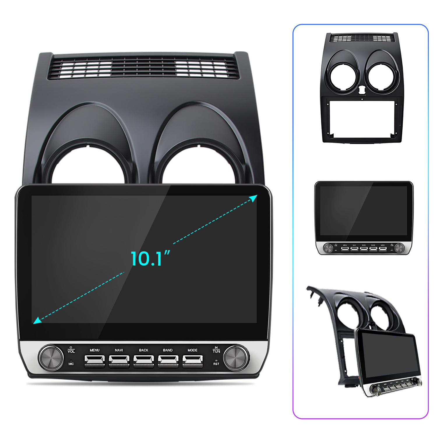 Schwarzes Autoradio mit 10,1-Zoll-Bildschirm, Armaturenbrettblende und Bedientasten.