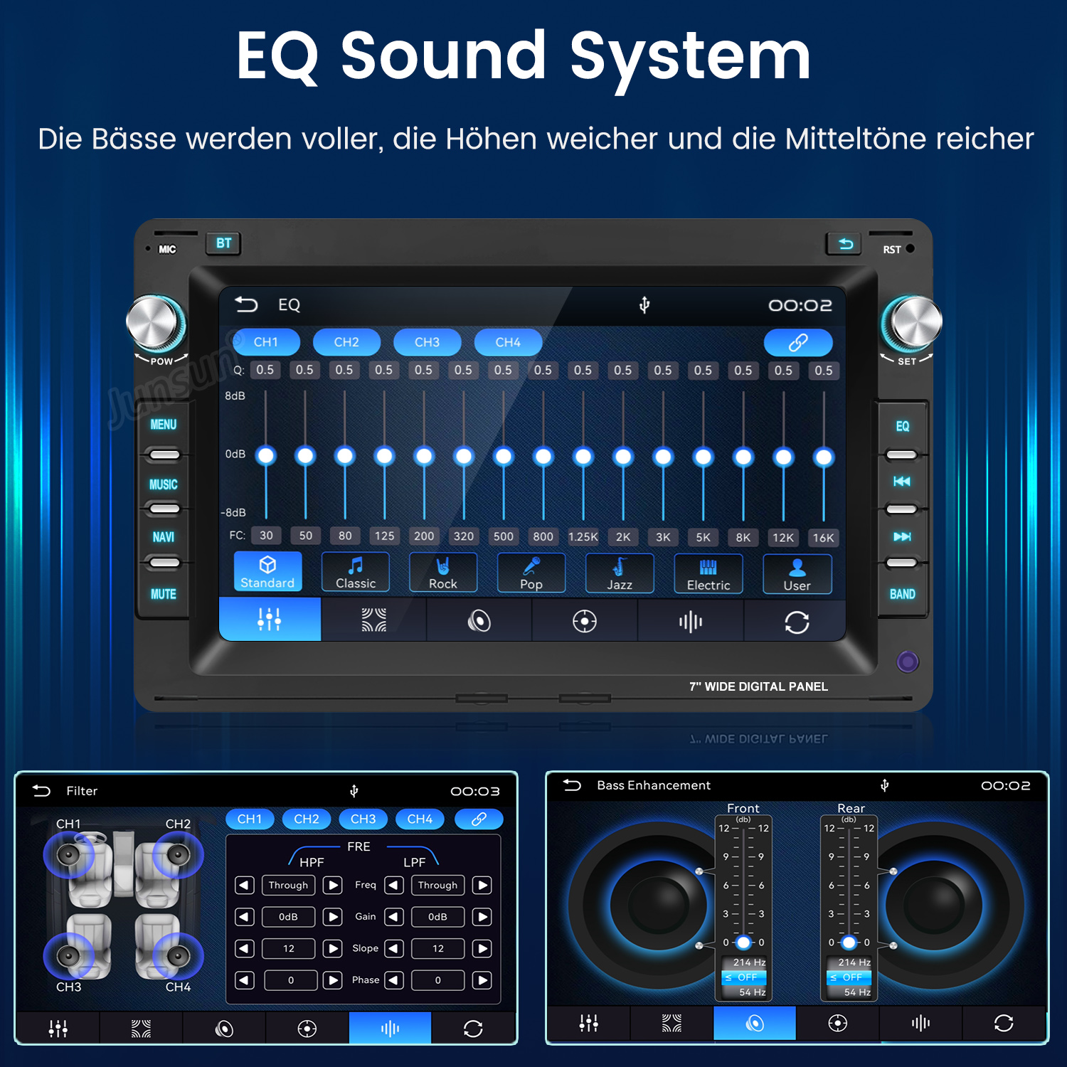 Autoradio mit Equalizer-Bildschirm und Soundeinstellungen in Blau.