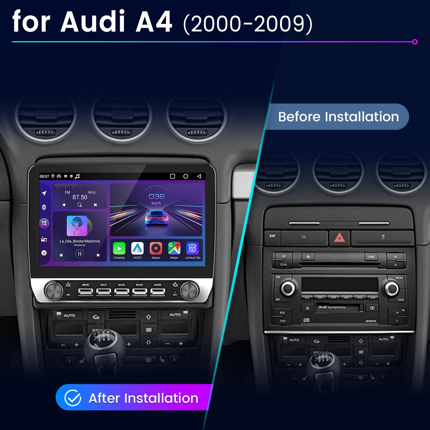 Vergleich der Audi A4 Mittelkonsole vor und nach der Installation eines modernen Autoradios.